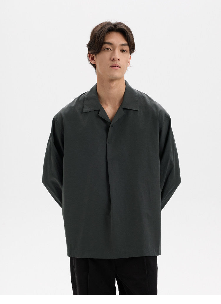 BUTTBILL Urban Minimalist Lyocell-Blend Pleated Camp Collar Snap-Front Shirt028