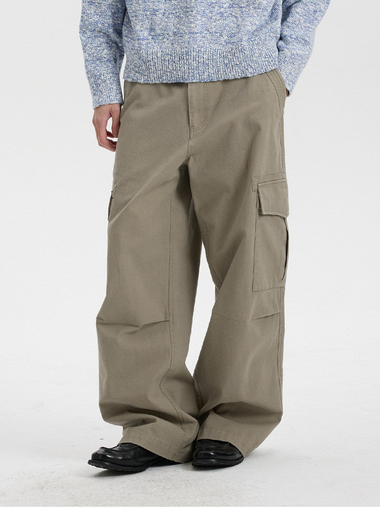 BUTTBILL Vintage Enzyme-Washed Cotton Cargo Pants – Relaxed Straight-Leg Multi-Pocket Workwear Trousers#124