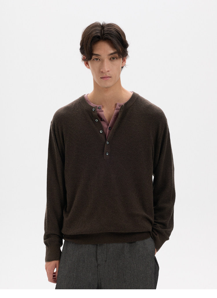 BUTTBILL Classic 48s Wool Blend Henley Knit Pullover with Shell Buttons018