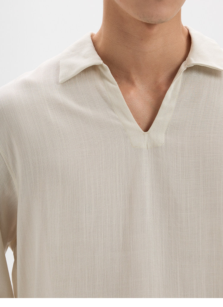 BUTTBILL Effortless Lyocell-Linen V-Neck Long-Sleeve Polo with Split Hem043