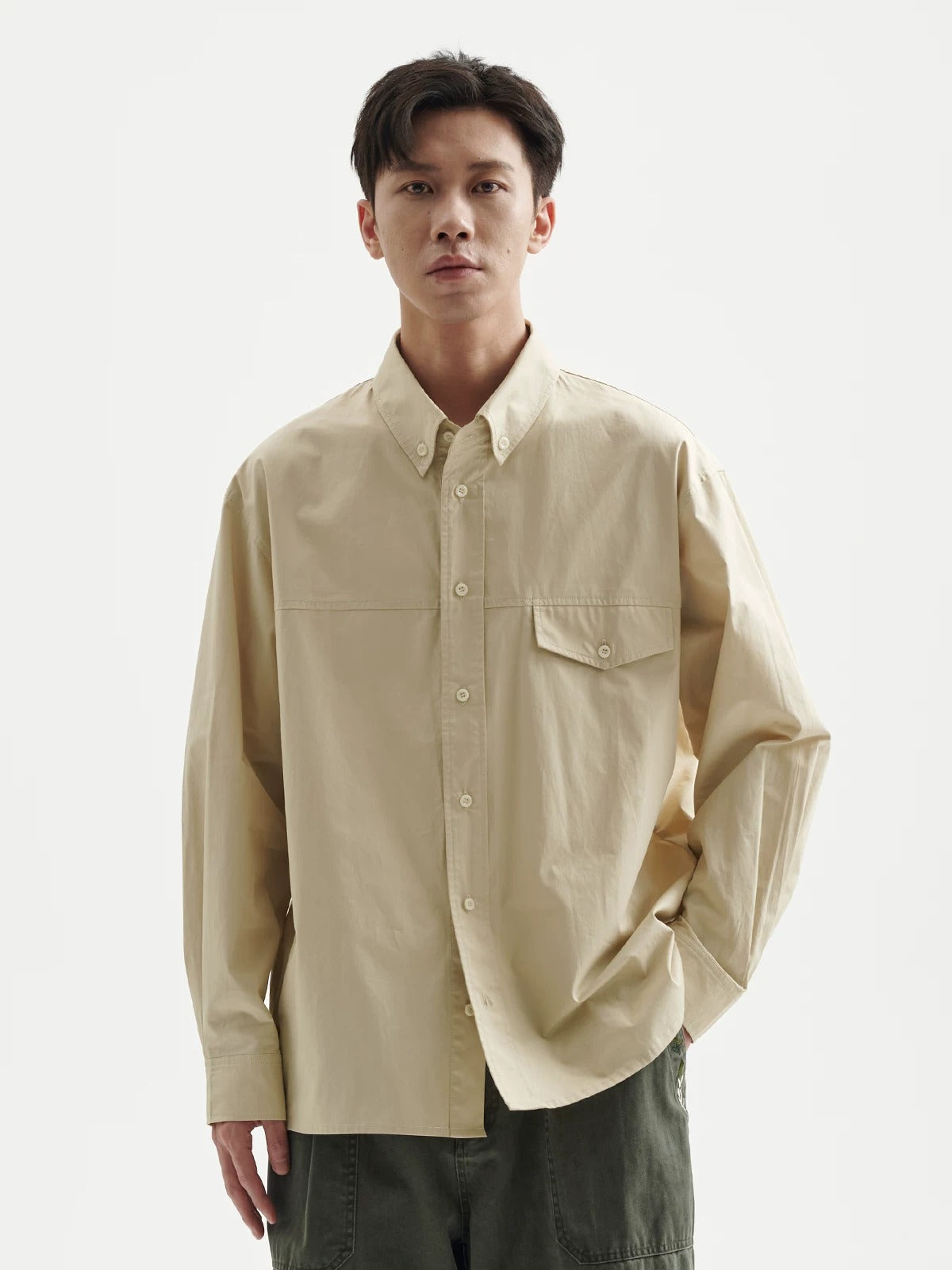 BUTTBILL Men's Minimalist Relaxed Long-Sleeve Button-Up Overshirt095