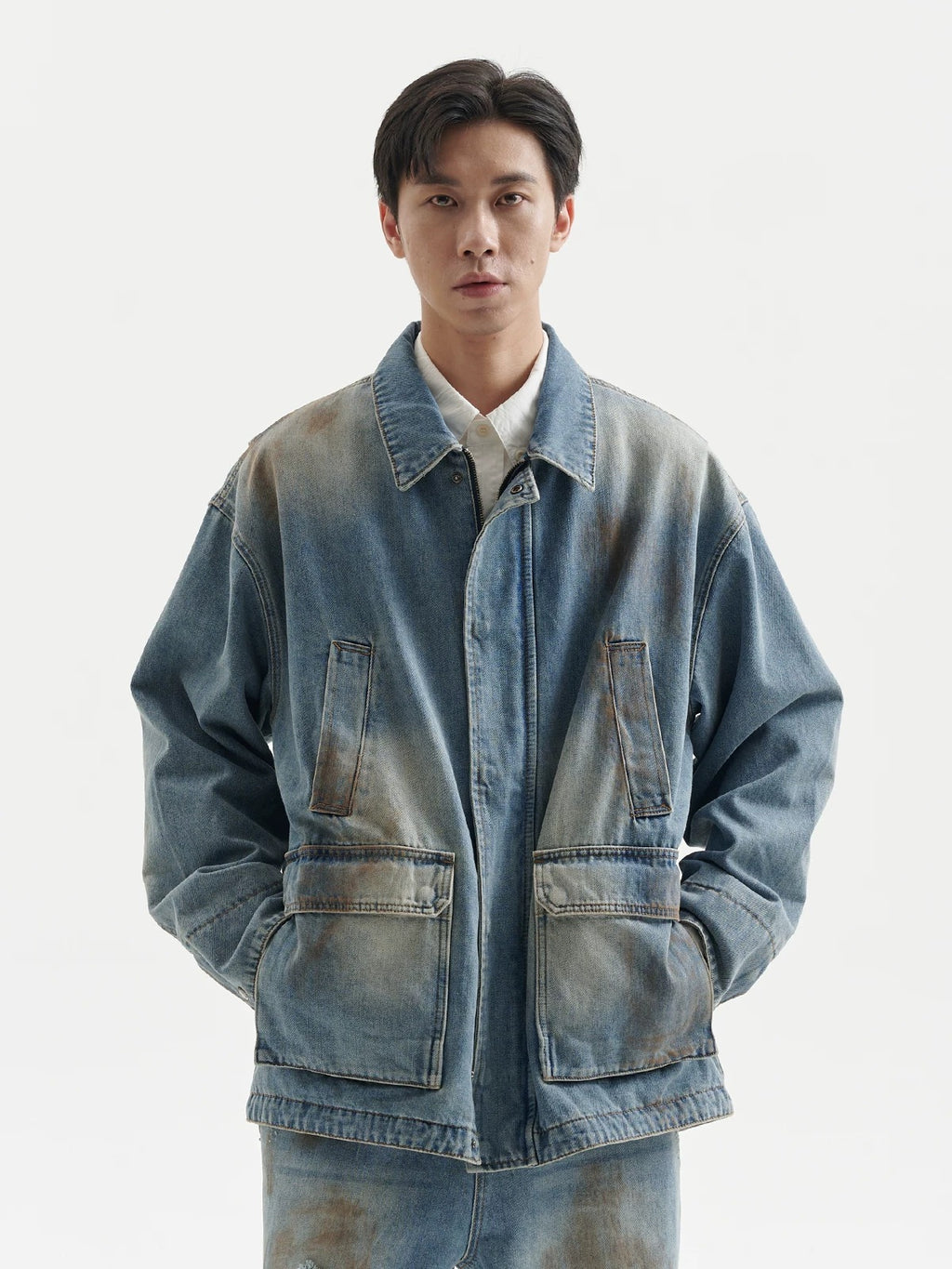 BUTTBILL Unisex Vintage Mud-Dyed Washed Relaxed Denim Jacket088