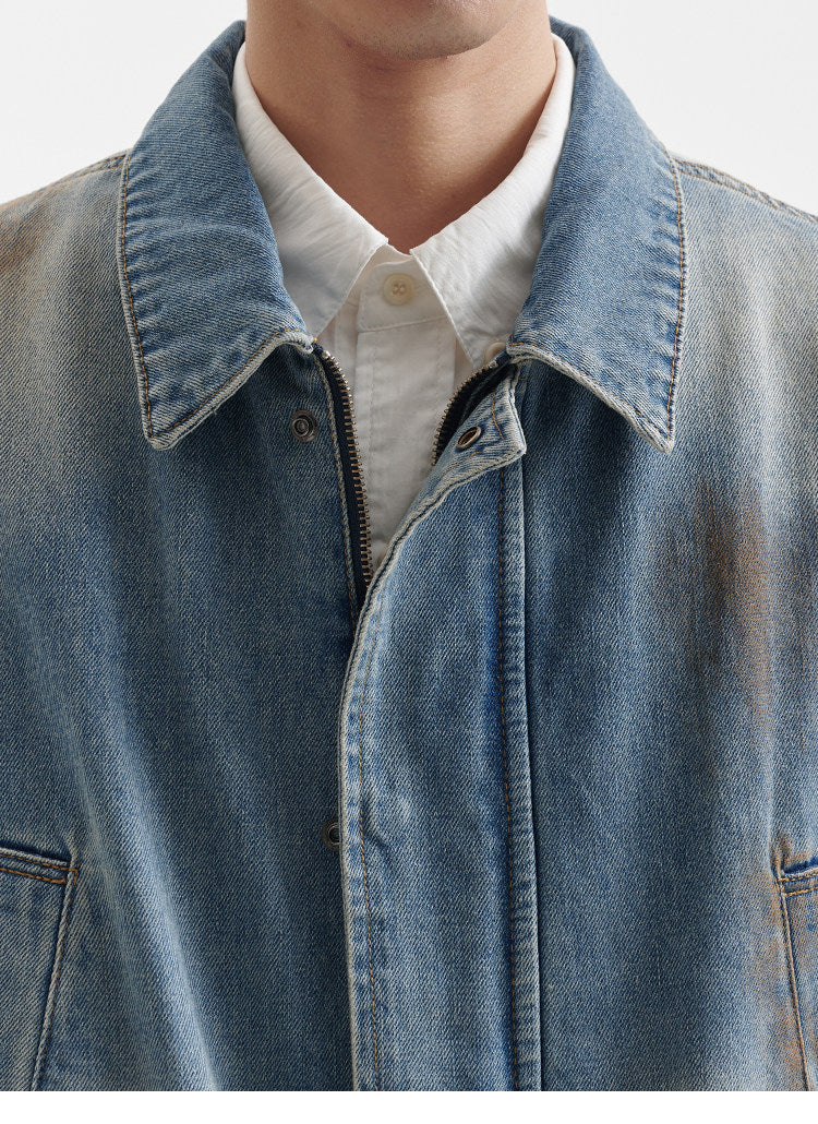 BUTTBILL Unisex Vintage Mud-Dyed Washed Relaxed Denim Jacket088
