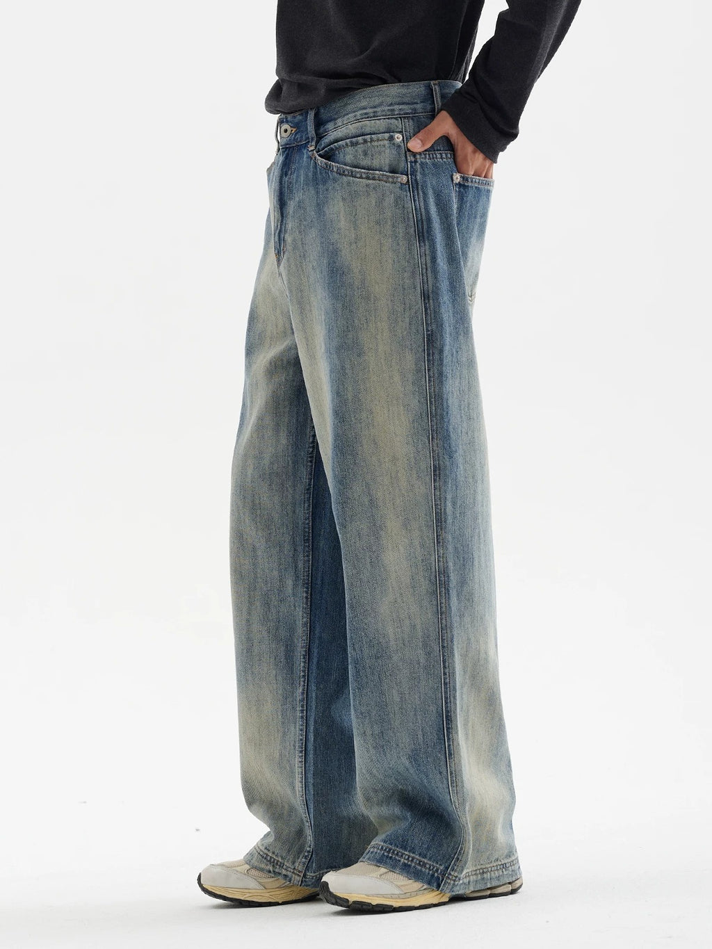 BUTTBILL Unisex Vintage Washed Raw Denim Relaxed Jeans077
