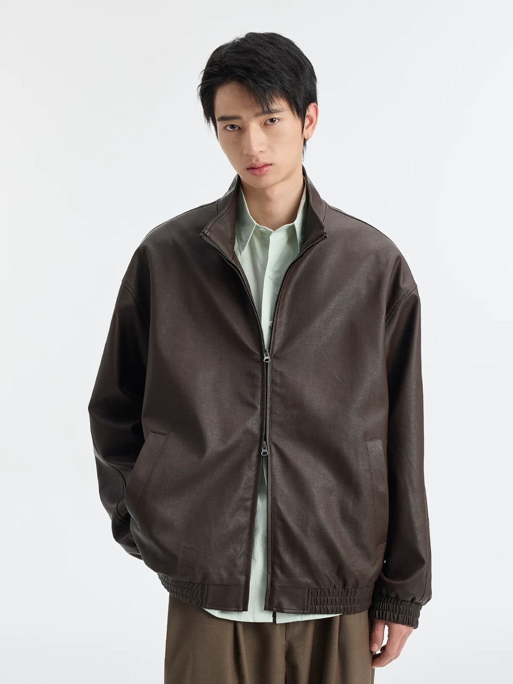 BUTTBILL SS26 Unisex Relaxed Faux Leather Stand Collar Jacket047