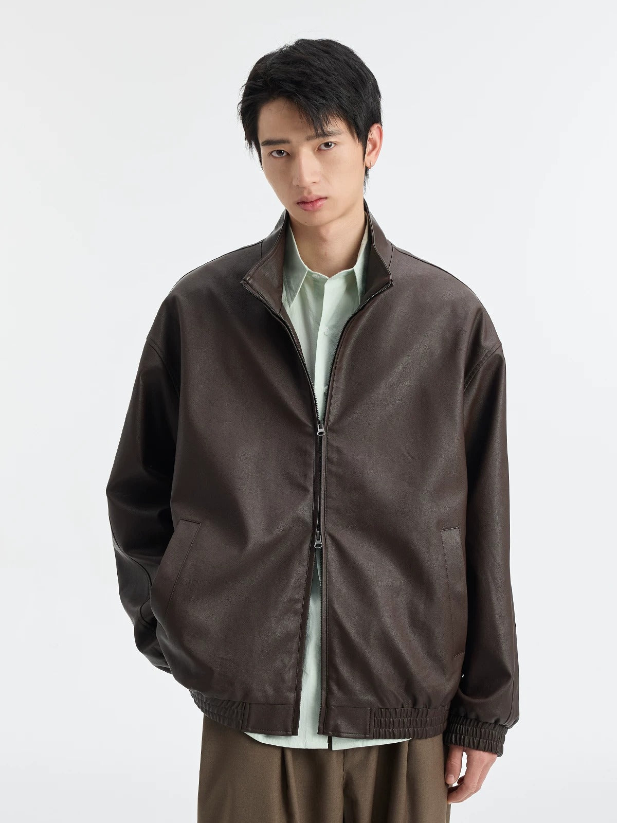 BUTTBILL SS26 Unisex Relaxed Faux Leather Stand Collar Jacket047