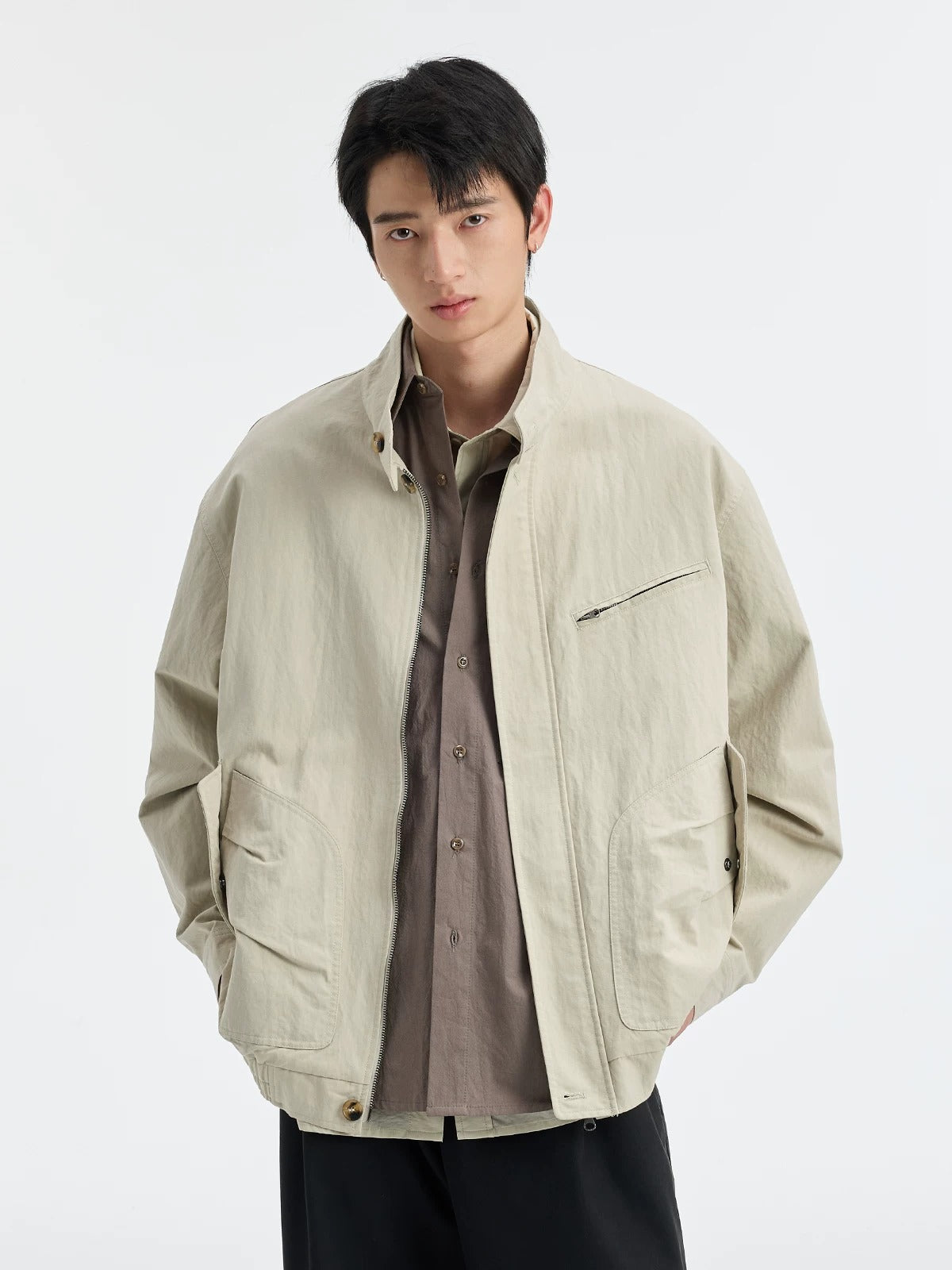 BUTTBILL SS26 Unisex Washed Stand Collar Cropped Moto Jacket048