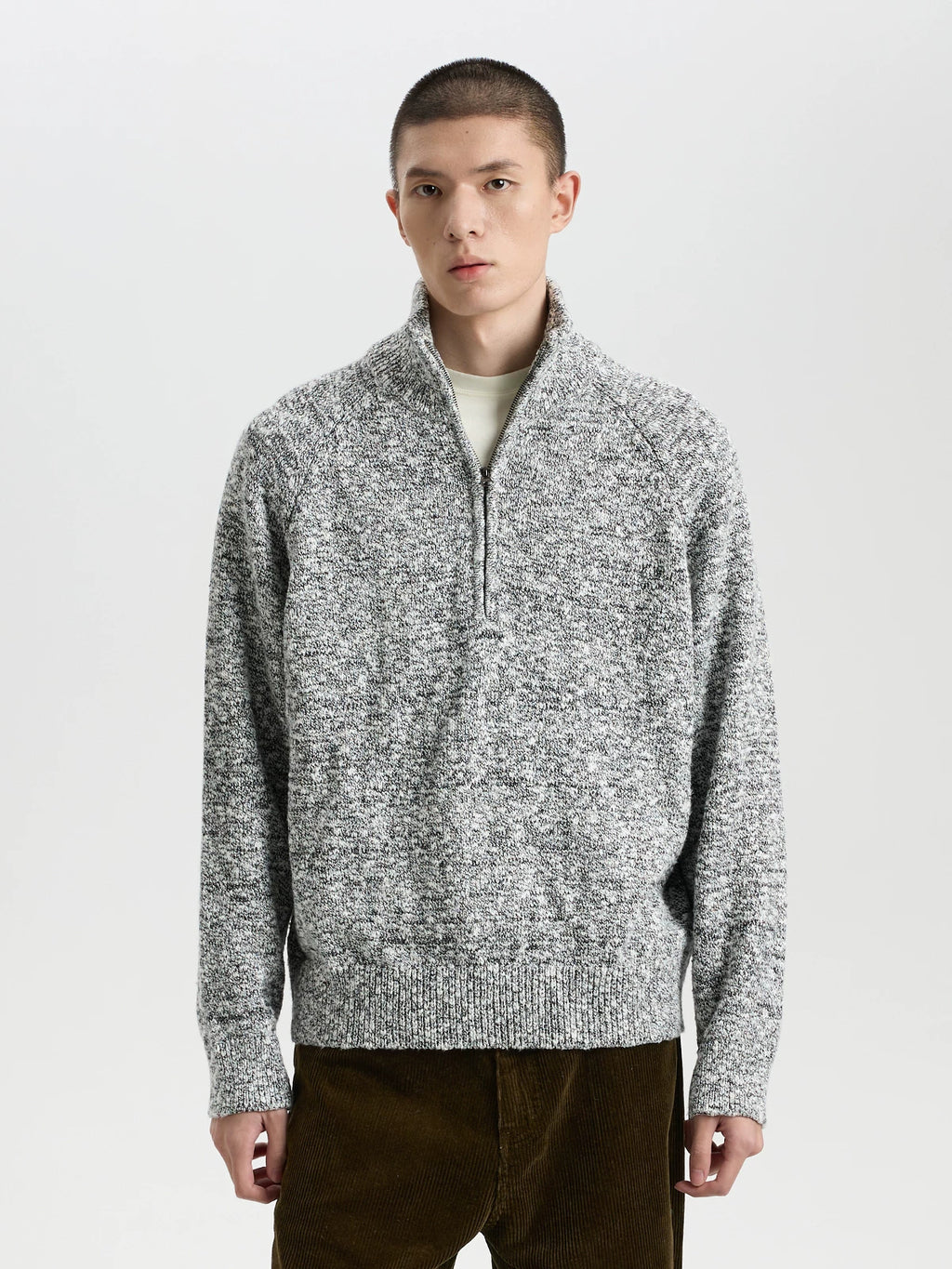 BUTTBILL Vintage Two-Tone Cotton Half-Zip Knit Sweater – Relaxed Fit Textured Mock Neck Pullover#132