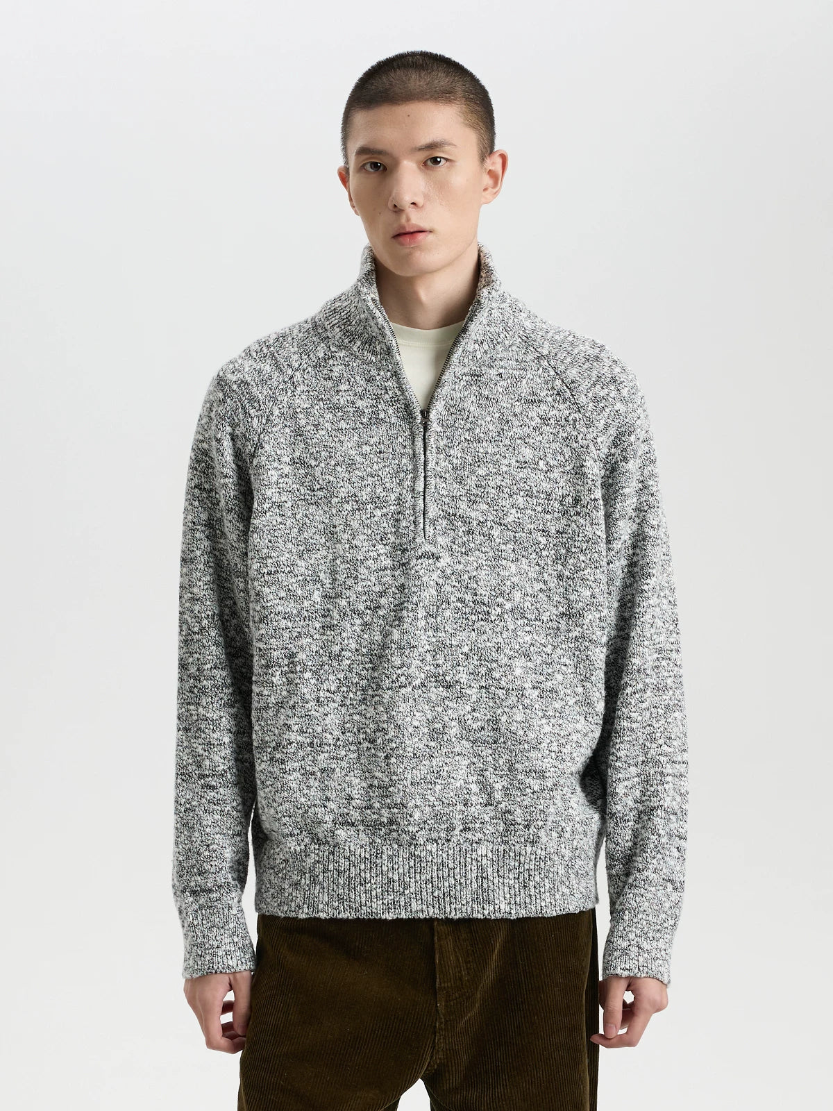 BUTTBILL Vintage Two-Tone Cotton Half-Zip Knit Sweater – Relaxed Fit Textured Mock Neck Pullover#132