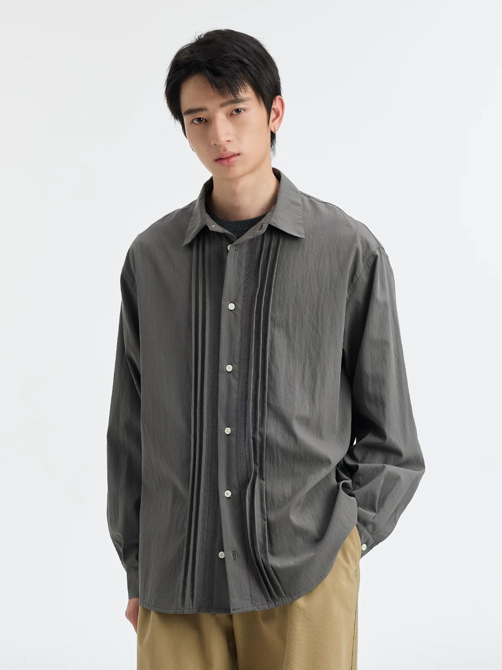 BUTTBILL SS26 Unisex Lyocell-Cotton-Nylon Pleated Shirt with Lace Trim045