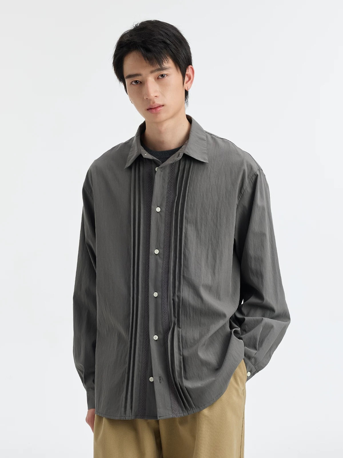 BUTTBILL SS26 Unisex Lyocell-Cotton-Nylon Pleated Shirt with Lace Trim045