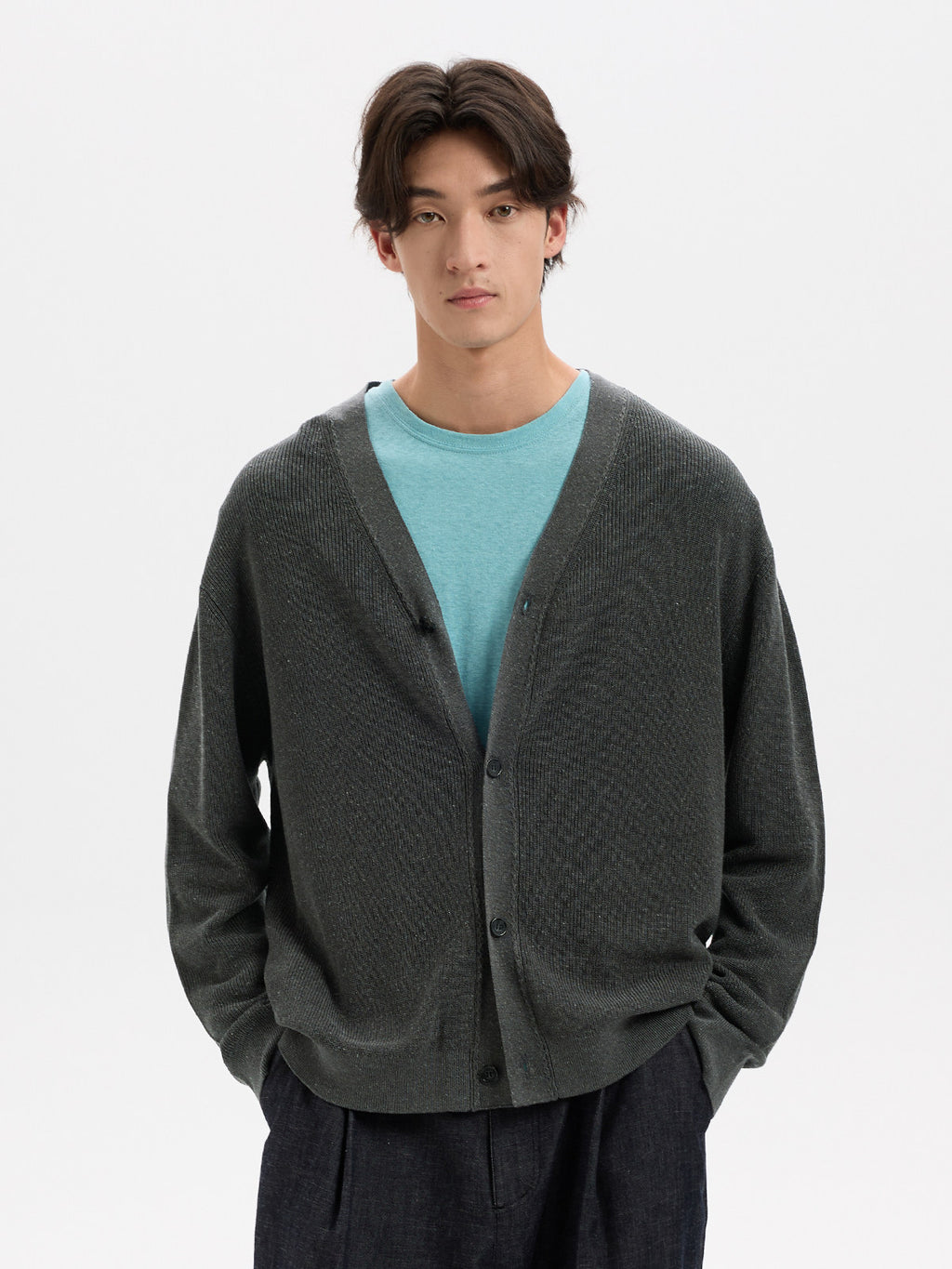 BUTTBILL Unisex Tencel-Linen Blend V-Neck Relaxed Knit Cardigan019