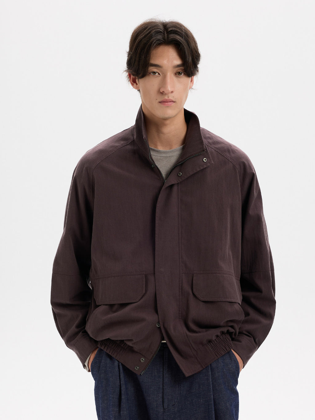 BUTTBILL Vintage Slub Cotton Stand Collar Multi-Pocket Jacket with Two-Way Zip022