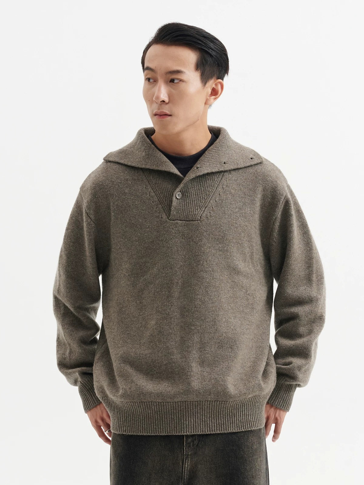 BUTTBILL Unisex 33% Lambswool Drop-Shoulder Half-Zip High-Neck Sweater075