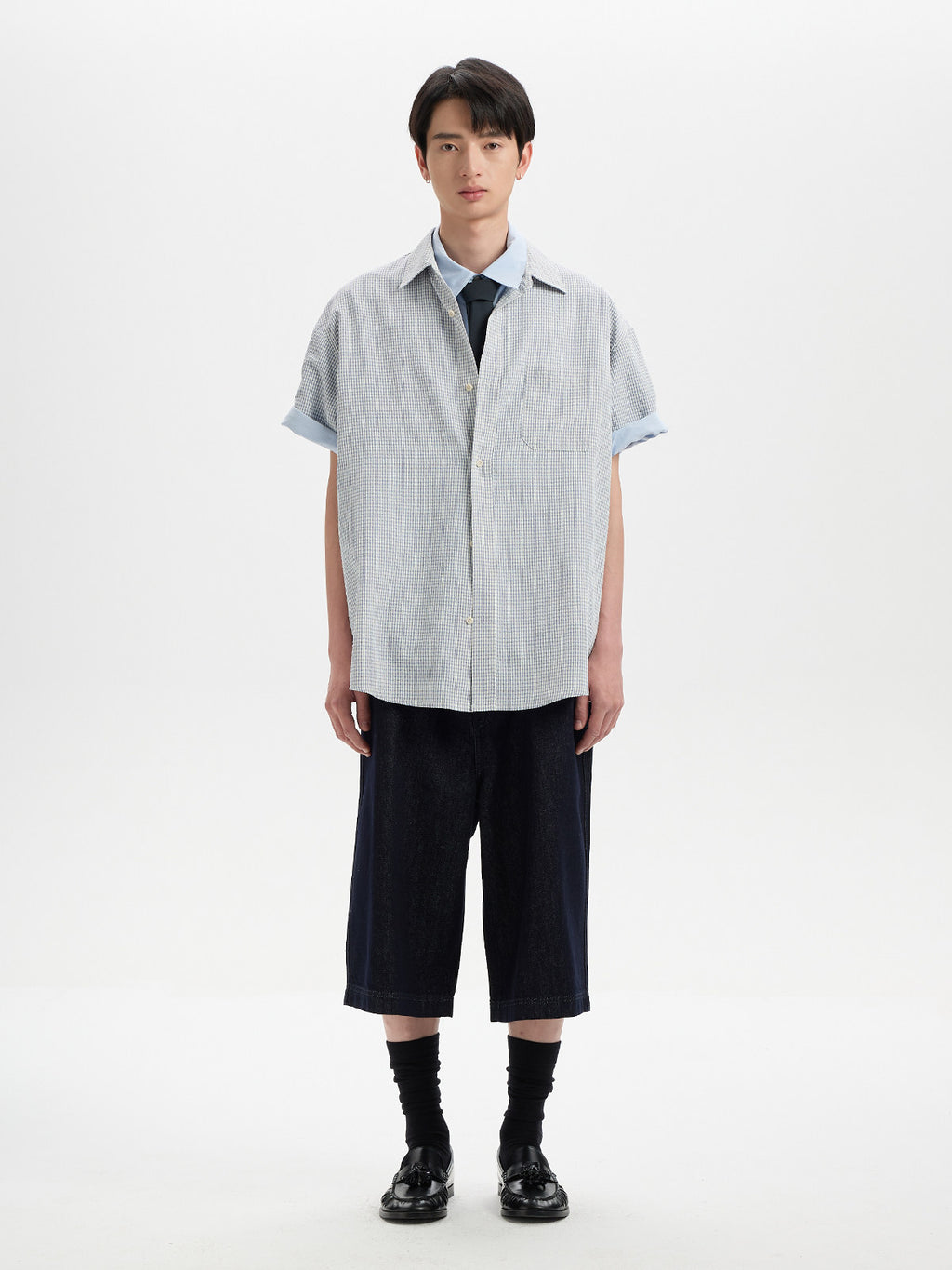 BUTTBILL SS26 Plaid Seersucker Lyocell-Linen Short-Sleeve Pocketed Overshirt