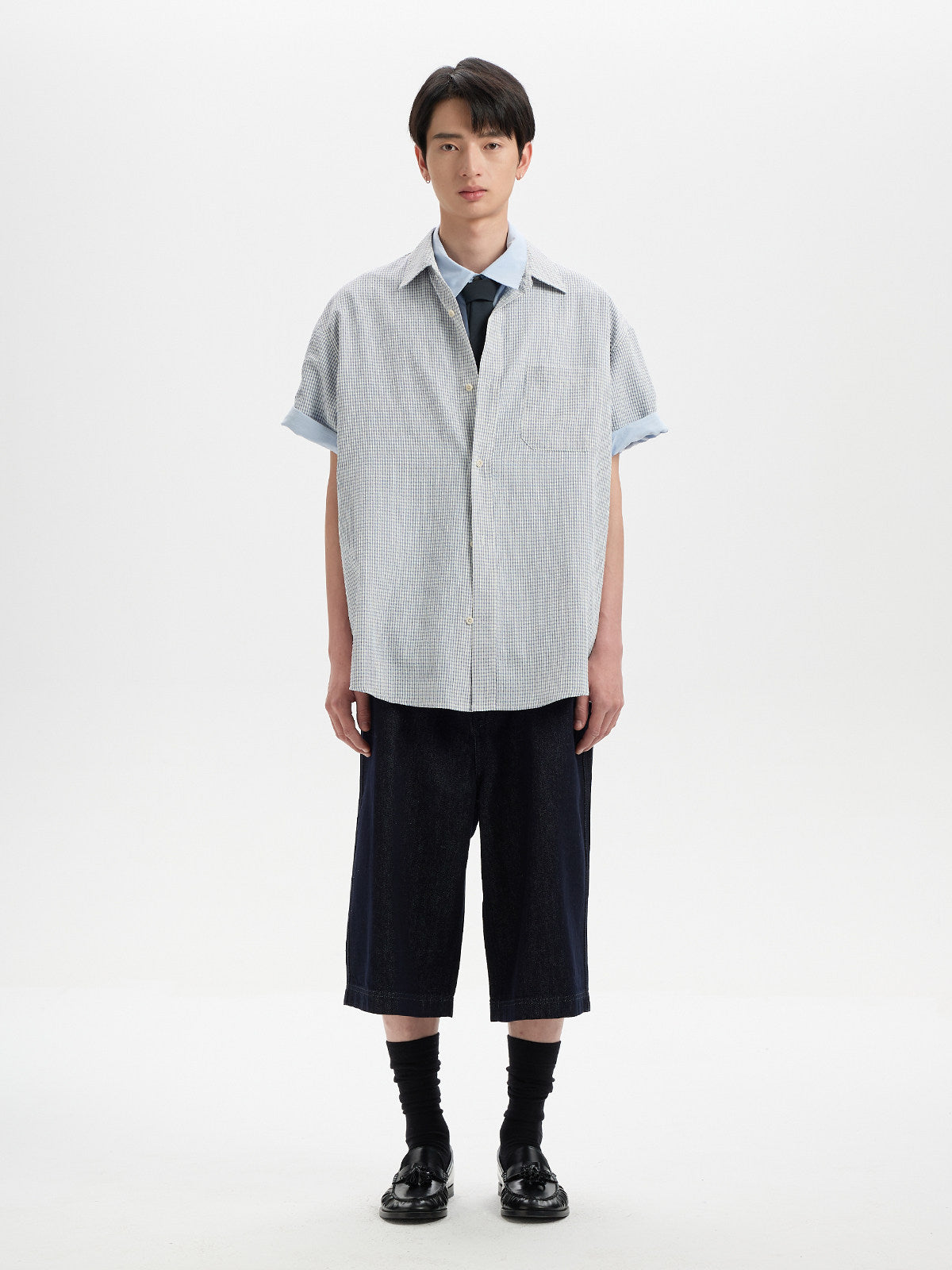 BUTTBILL SS26 Plaid Seersucker Lyocell-Linen Short-Sleeve Pocketed Overshirt