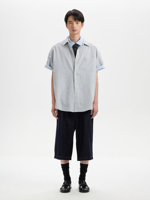 BUTTBILL SS26 Plaid Seersucker Lyocell-Linen Short-Sleeve Pocketed Overshirt