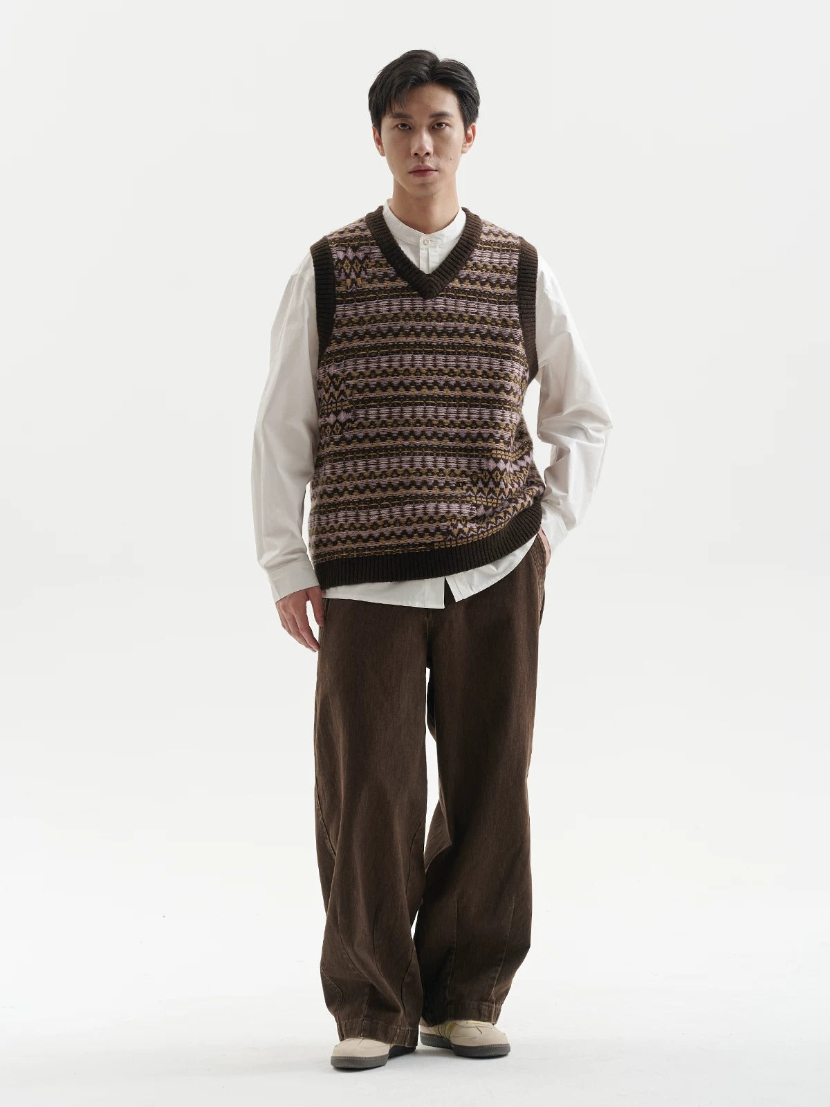 BUTTBILL Men's Relaxed Fair Isle Lambswool V-Neck Sweater Vest092