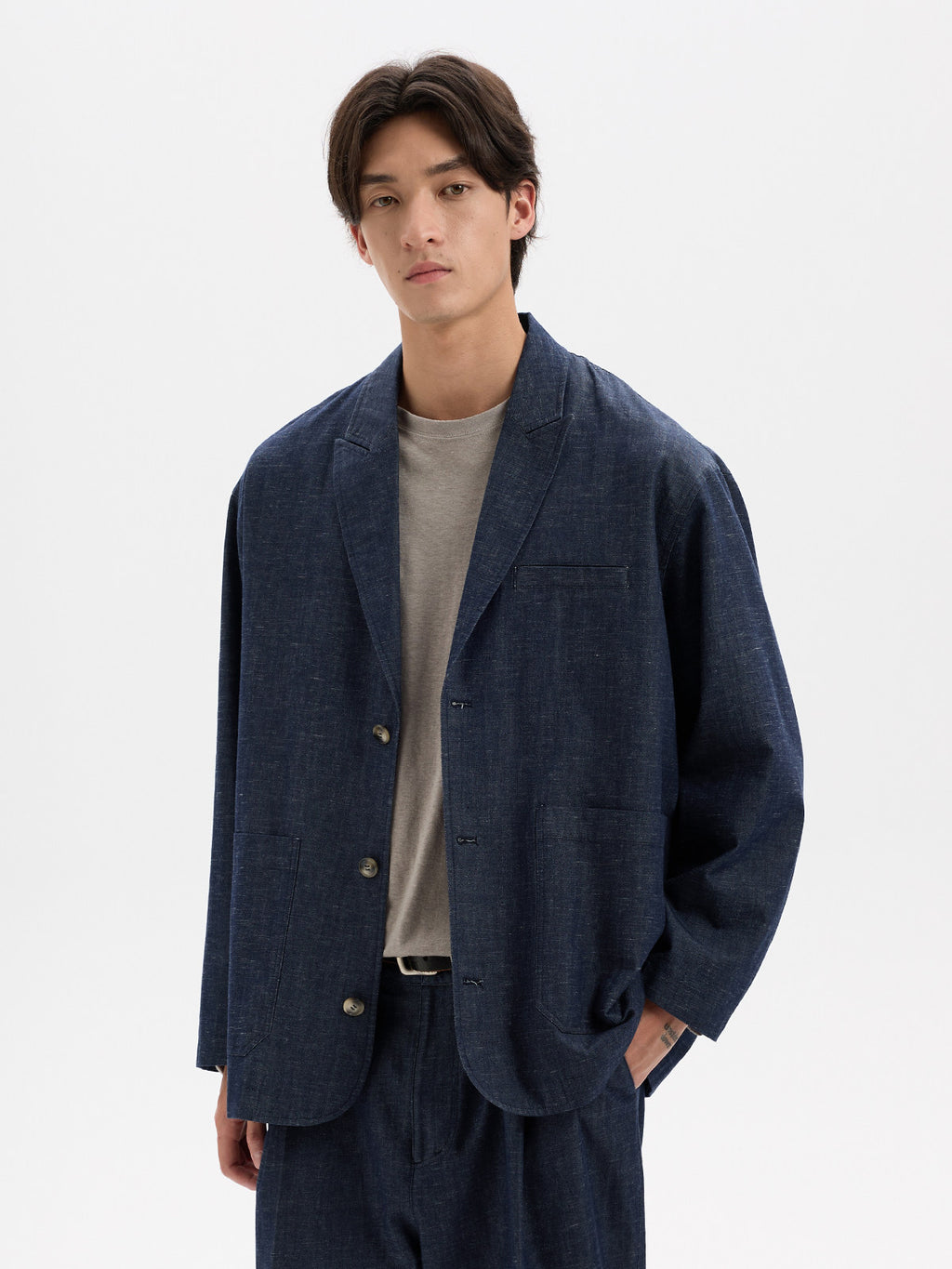 BUTTBILL Unisex Cotton-Linen-Lyocell Blend Washed Denim Relaxed Blazer023