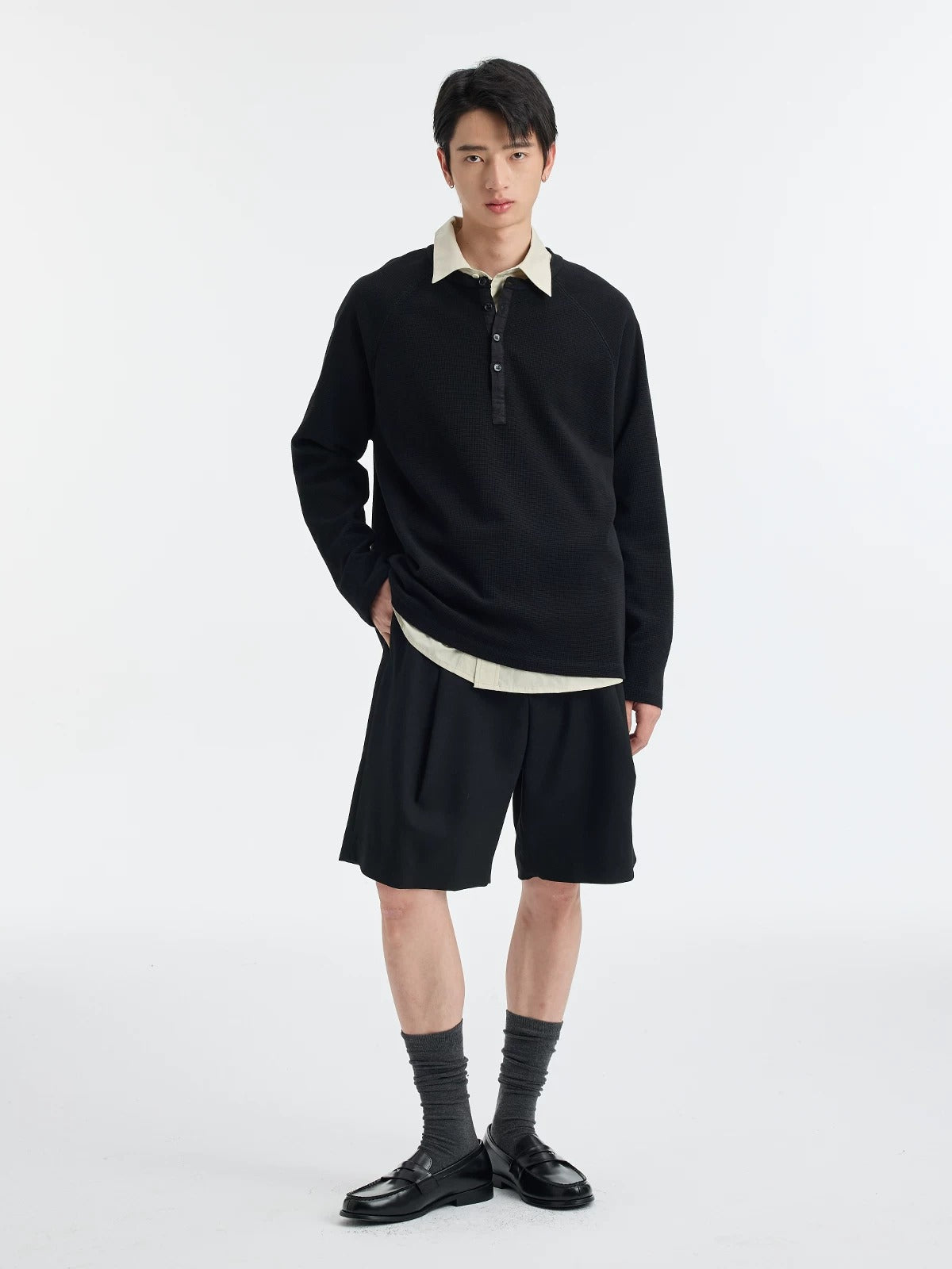 BUTTBILL SS26 Unisex Washed Hemp Waffle Knit Long-Sleeve Henley049