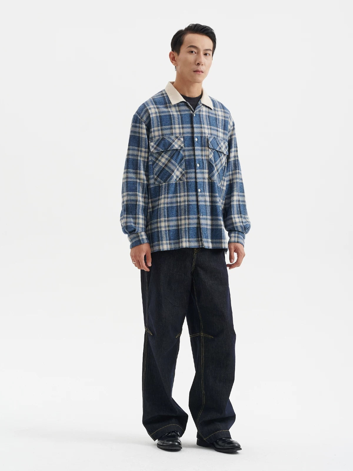 BUTTBILL Men's Cotton Plaid Overshirt with Contrast Corduroy Camp Collar079