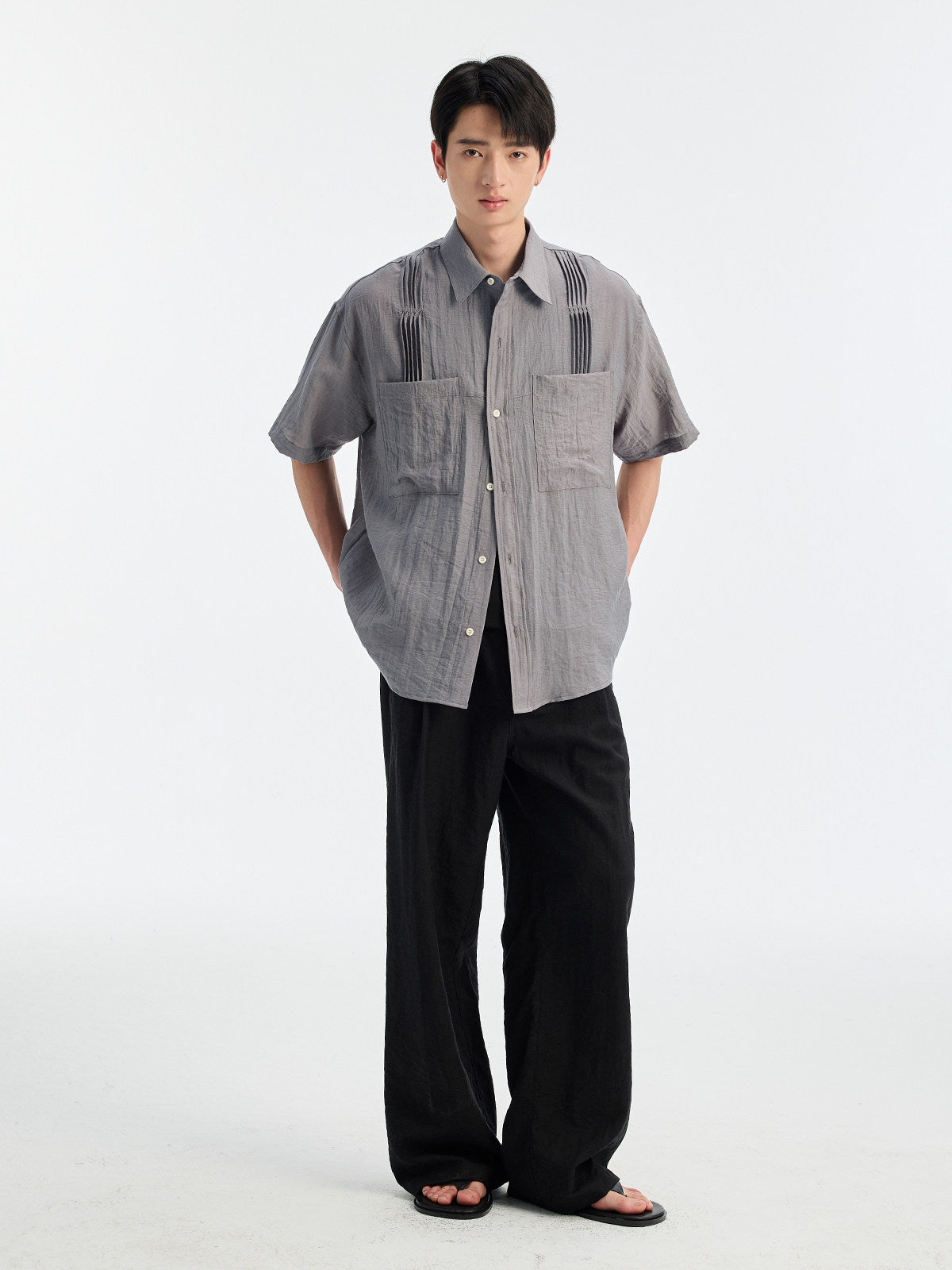 BUTTBILL SS26 Linen-Blend Box-Pleated Short-Sleeve Shirt with Pocket
