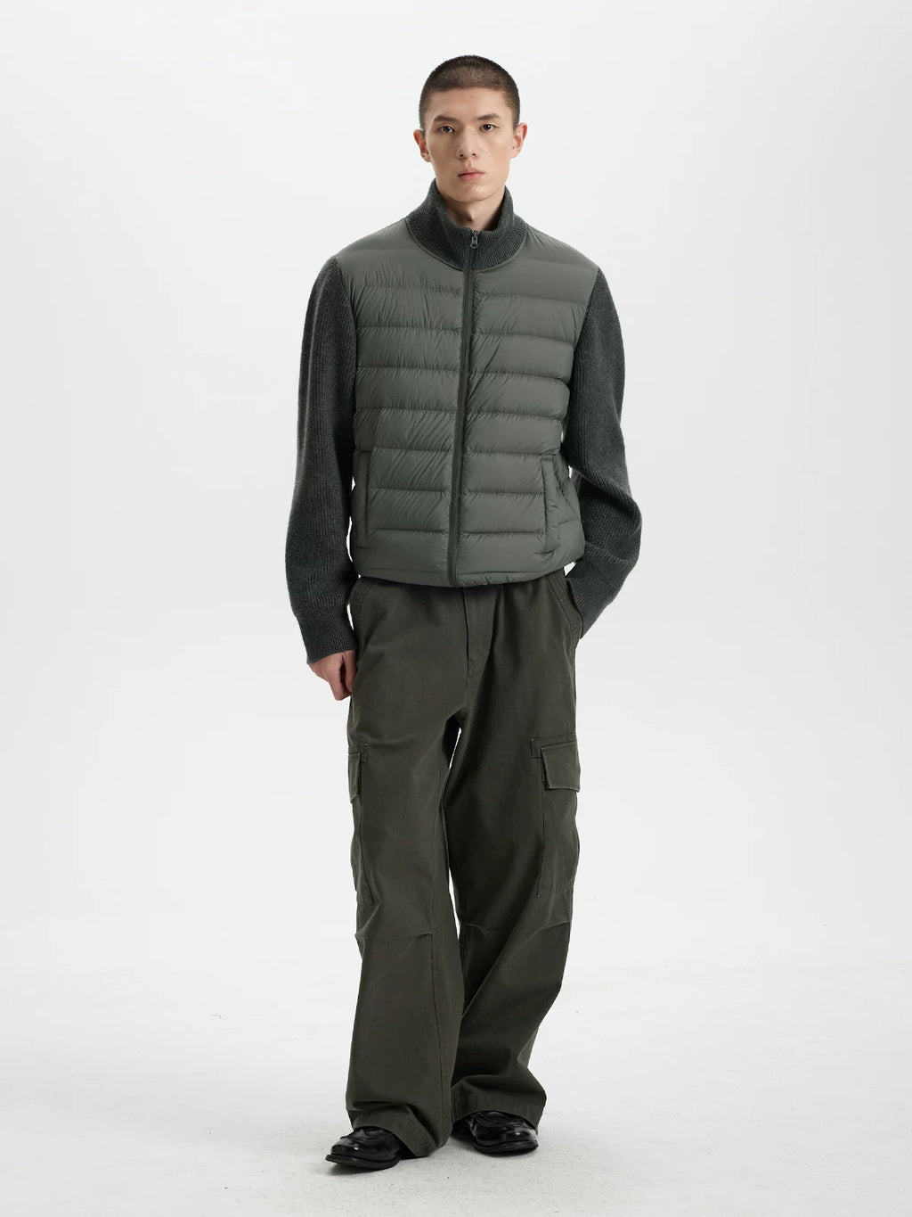 BUTTBILL Lightweight 90% White Duck Down Puffer Jacket – Knit Panel Quilted Stand Collar Jacket with Relaxed Fit#122