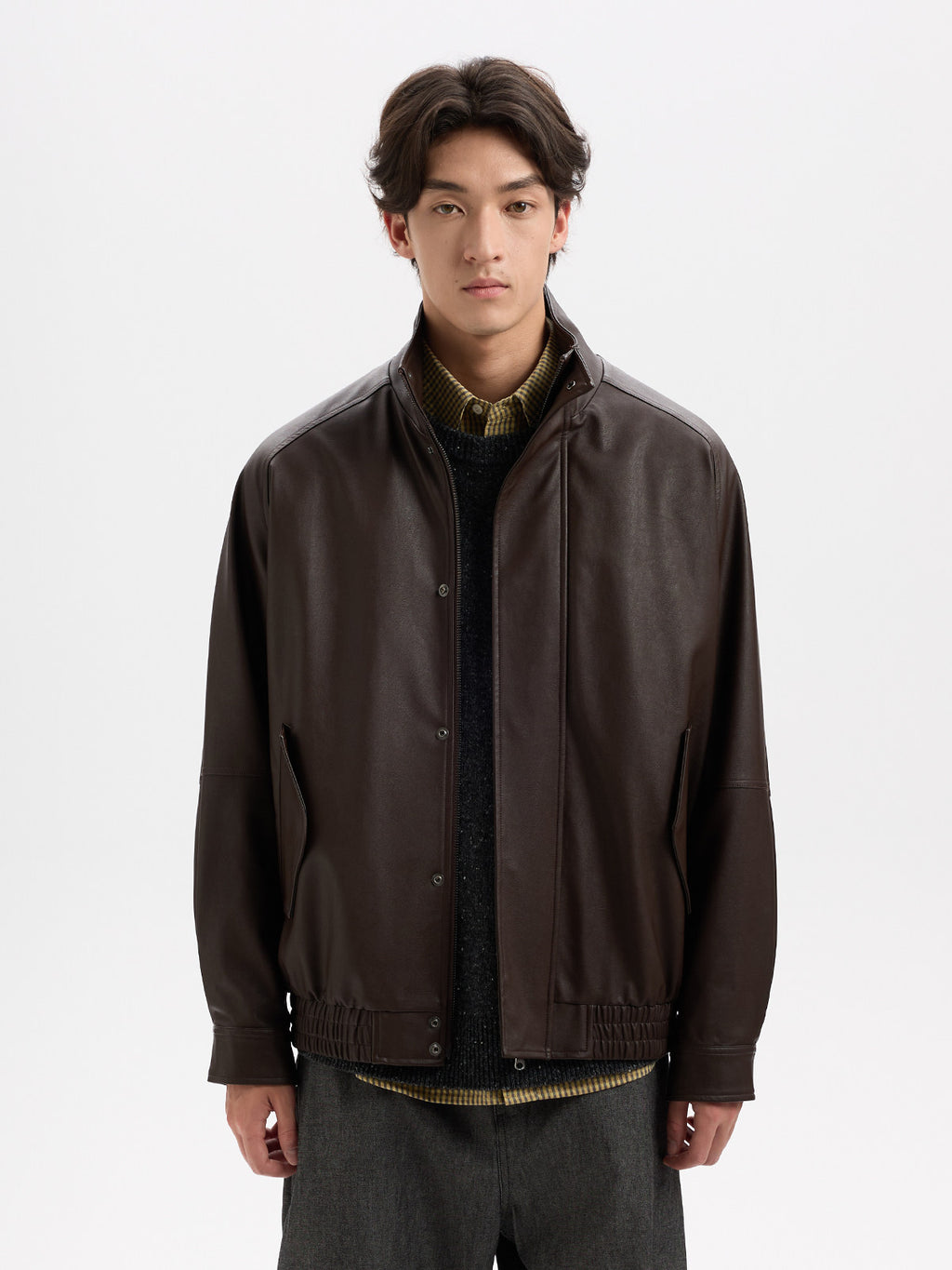 BUTTBILL Vintage Biker Textured Faux Leather Stand Collar Jacket with Two-Way Zip016