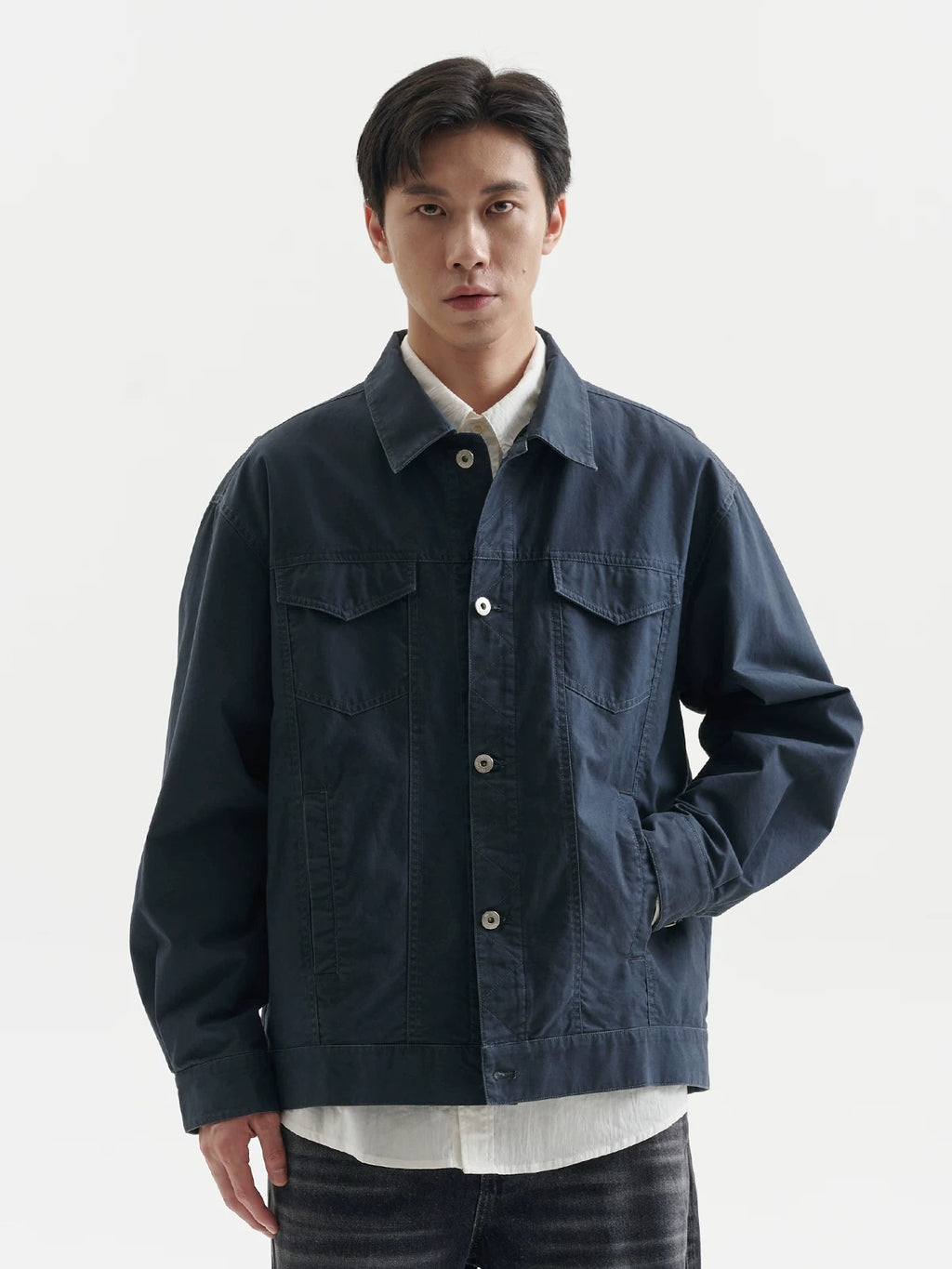 BUTTBILL Unisex Vintage Washed Collared Relaxed Jacket096
