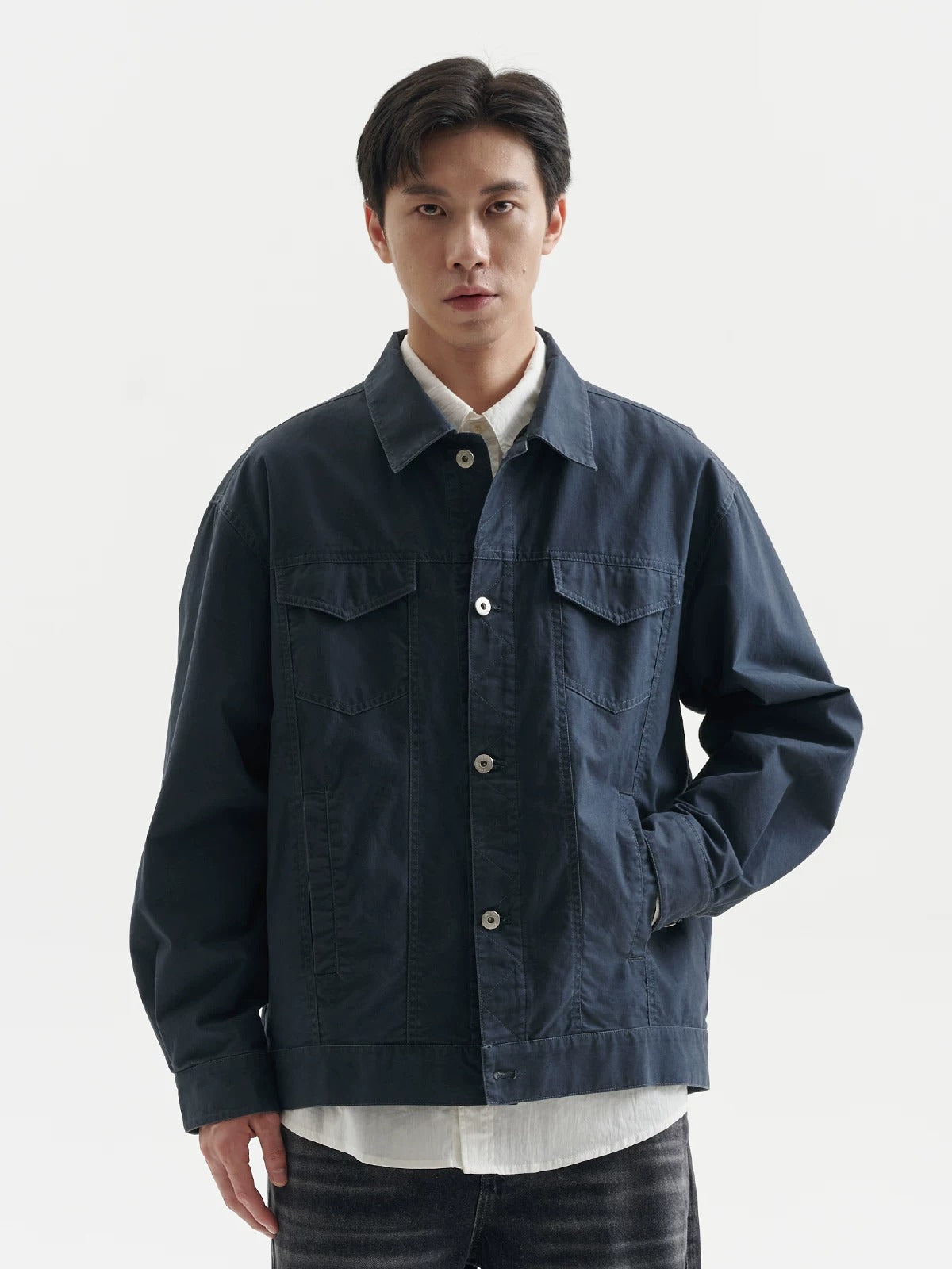 BUTTBILL Unisex Vintage Washed Collared Relaxed Jacket096