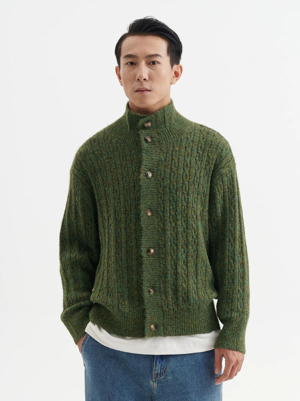 BUTTBILL Unisex Relaxed Stand Collar Cable-Knit Cardigan072