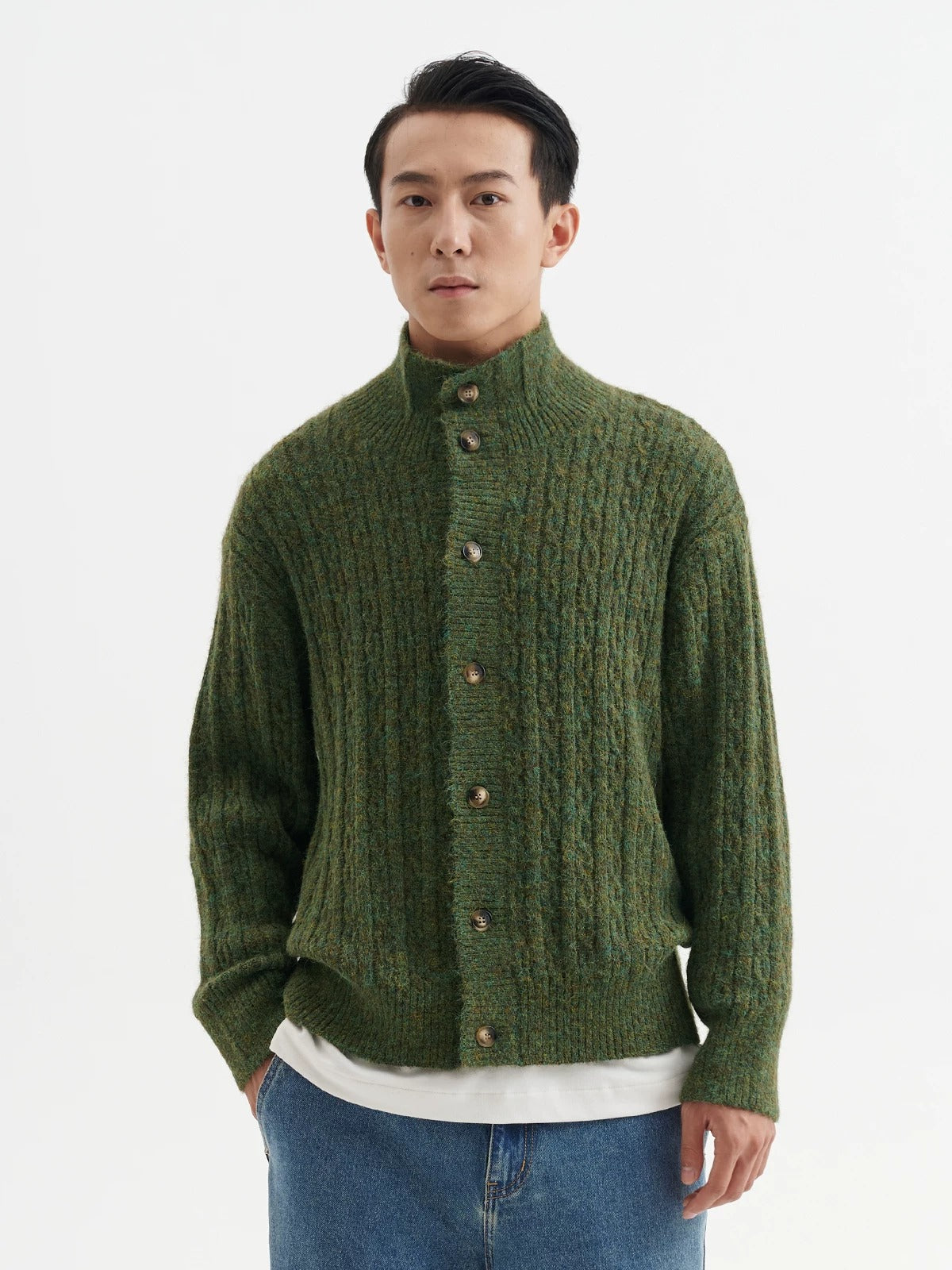 BUTTBILL Unisex Relaxed Stand Collar Cable-Knit Cardigan072