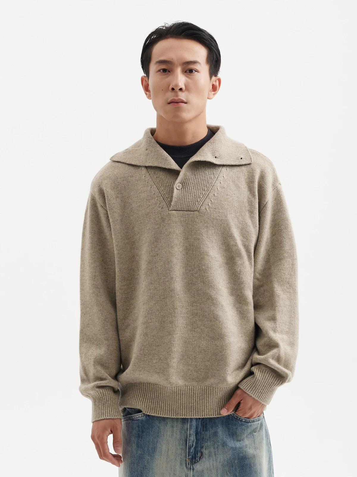 BUTTBILL Unisex 33% Lambswool Drop-Shoulder Half-Zip High-Neck Sweater075