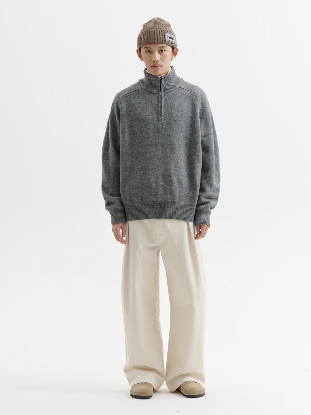 BUTTBILL Relaxed 9% Lambswool Half-Zip High-Neck Knit Sweater083