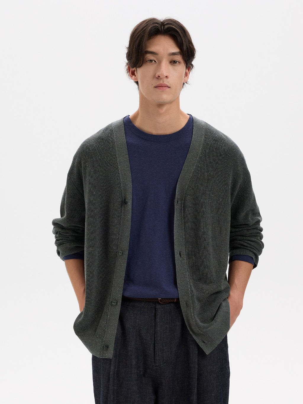 BUTTBILL Unisex Tencel-Linen Blend V-Neck Relaxed Knit Cardigan019