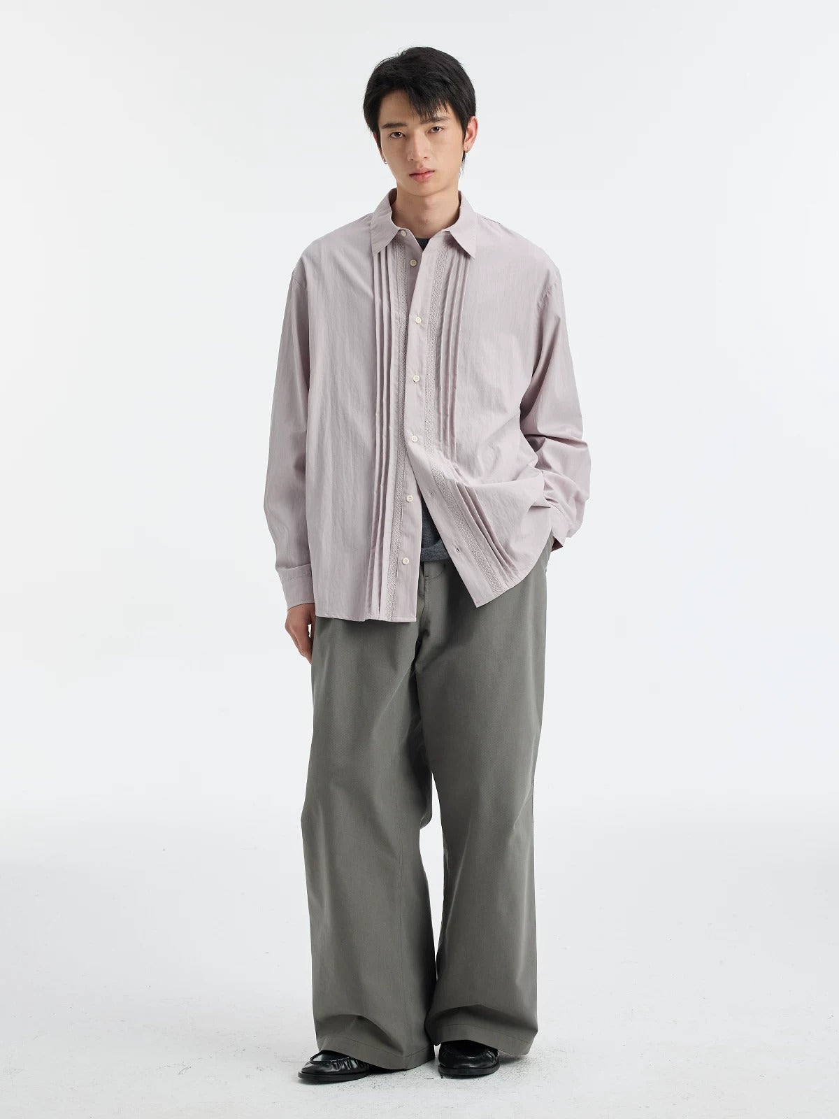 BUTTBILL SS26 Unisex Lyocell-Cotton-Nylon Pleated Shirt with Lace Trim045