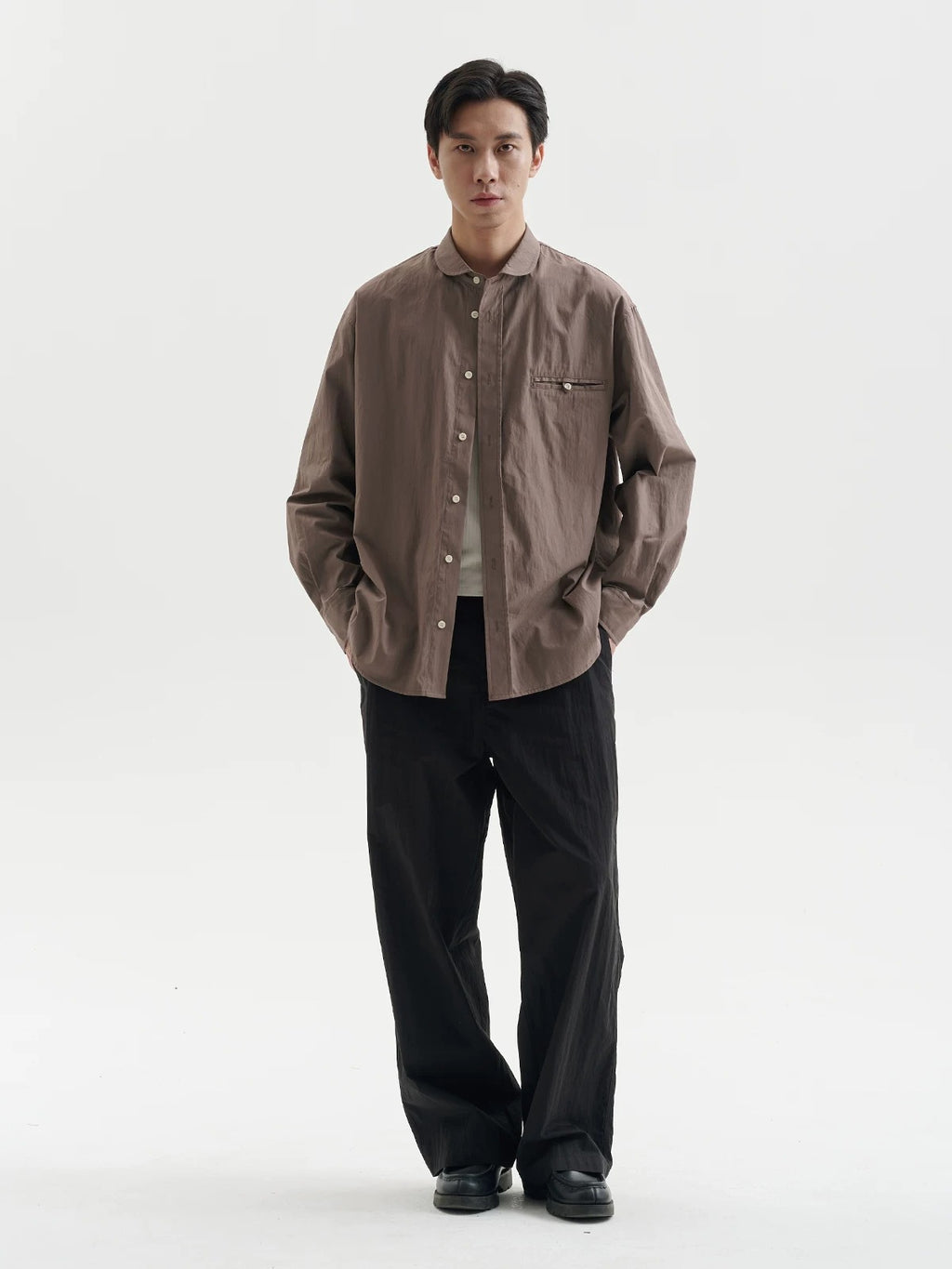 BUTTBILL Minimalist Cotton-Nylon Shawl Collar Long-Sleeve Overshirt116