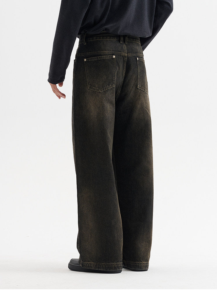BUTTBILL Unisex Vintage Washed Raw Denim Relaxed Jeans077