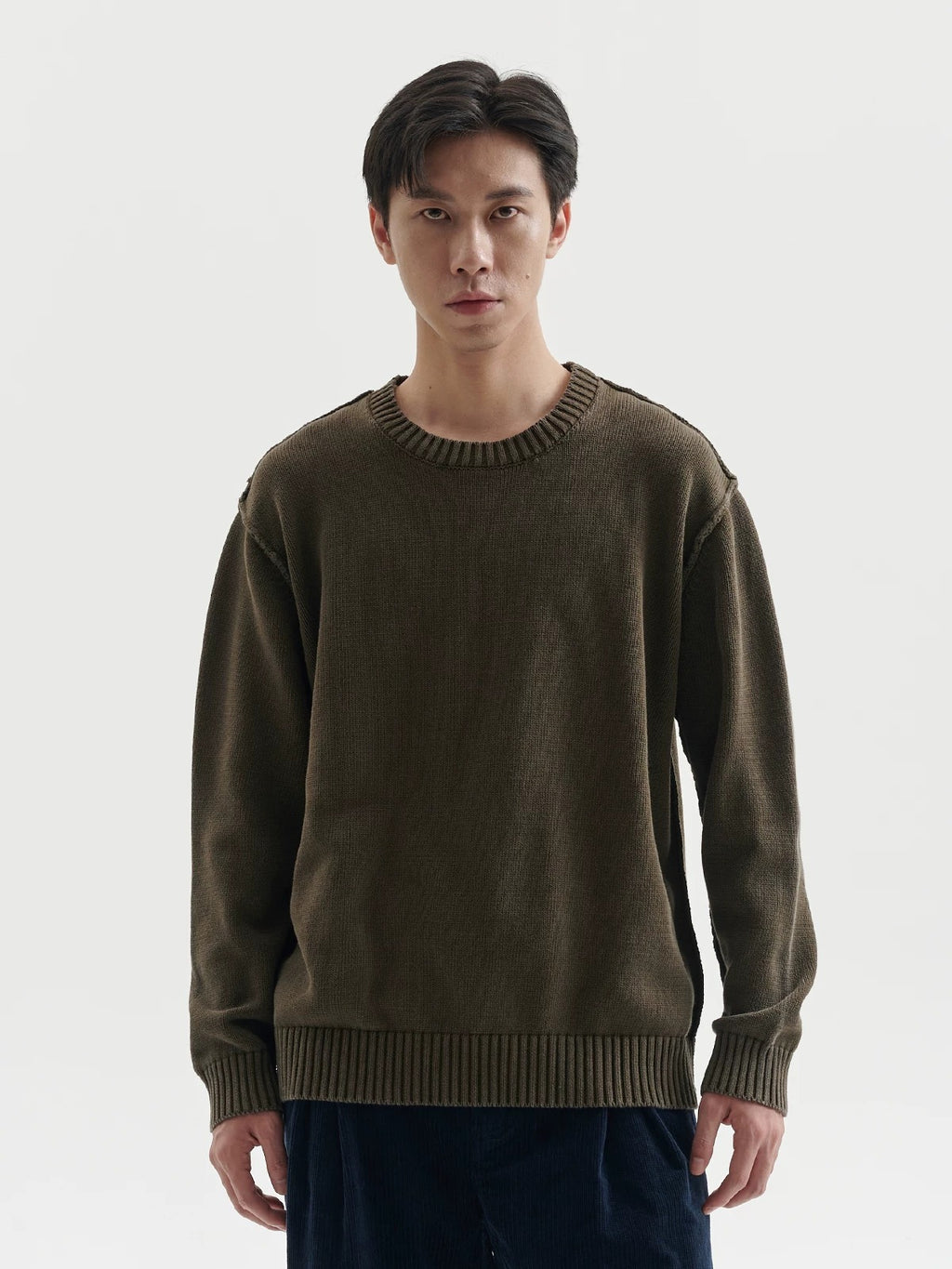 BUTTBILL Men's Stonewashed Minimalist Crewneck Knit Sweater099