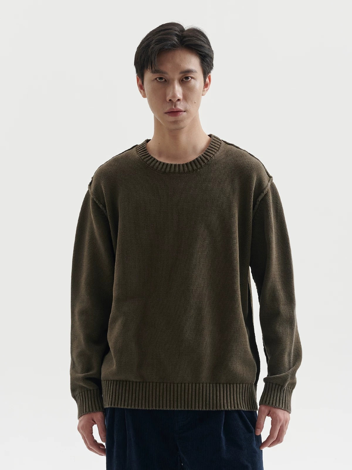 BUTTBILL Men's Stonewashed Minimalist Crewneck Knit Sweater099