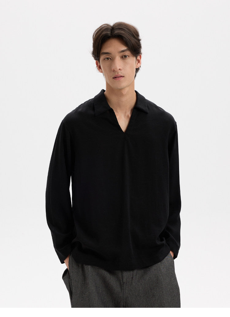 BUTTBILL Effortless Lyocell-Linen V-Neck Long-Sleeve Polo with Split Hem043