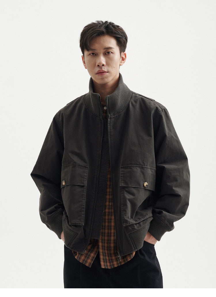 BUTTBILL Unisex Heavyweight Enzyme-Washed Stand Collar Utility Jacket094