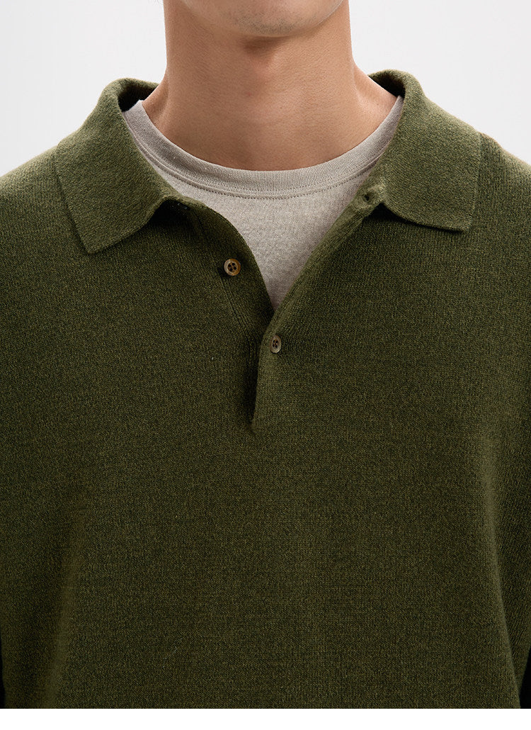 BUTTBILL Minimalist Wool-Blend Long-Sleeve Knit Polo with Shell Buttons020