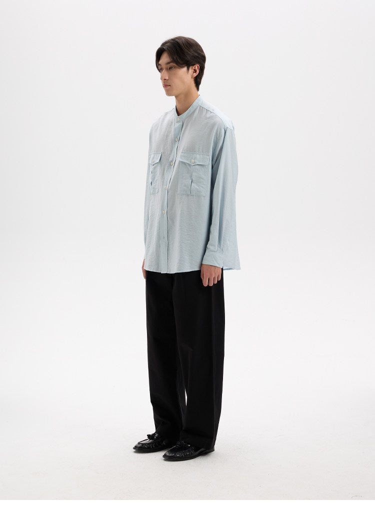 BUTTBILL Minimalist Crinkled Pima Cotton Blend Band Collar Shirt with Double Pockets029