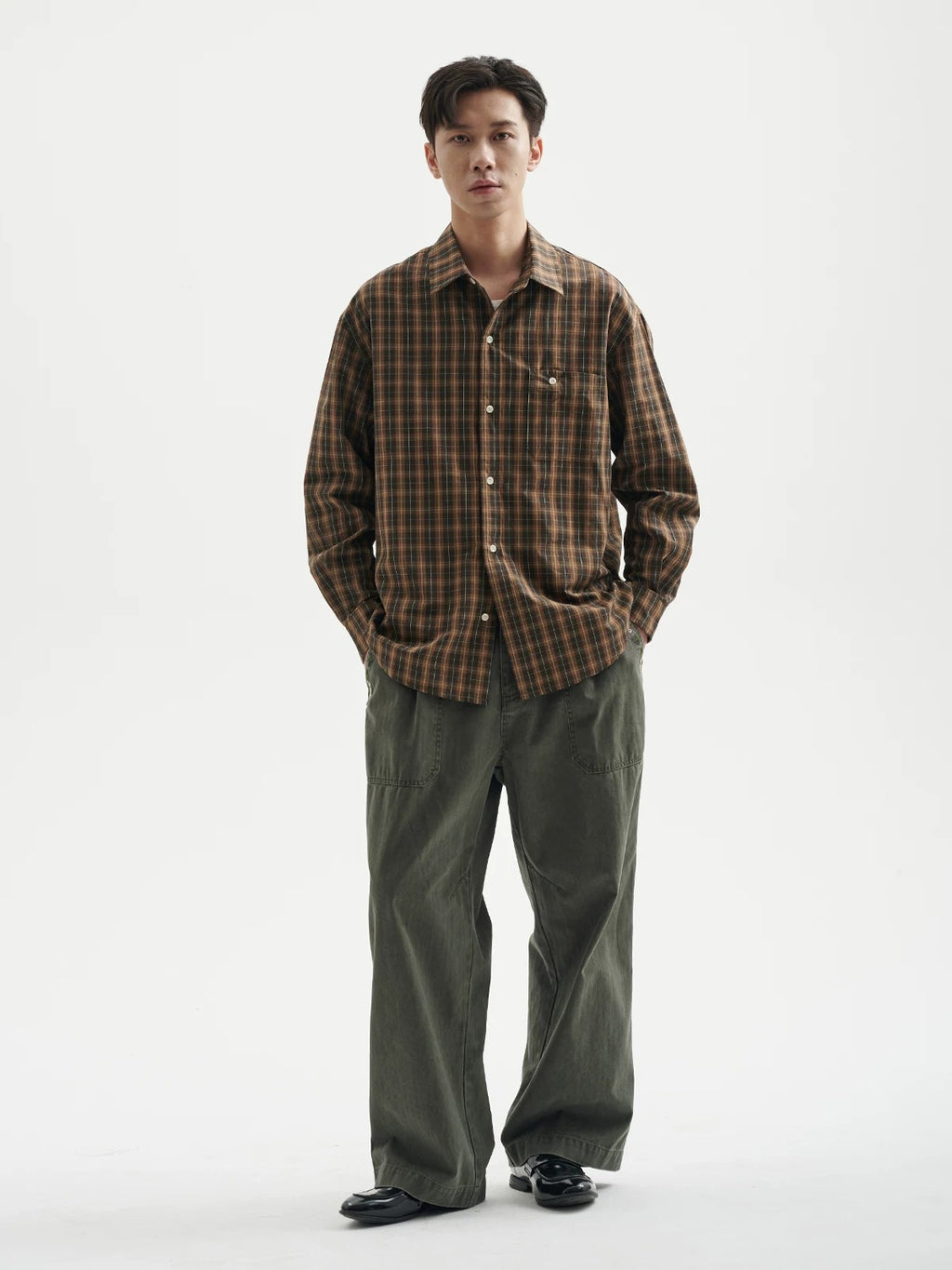BUTTBILL Unisex Vintage Plaid Relaxed Long-Sleeve Overshirt098