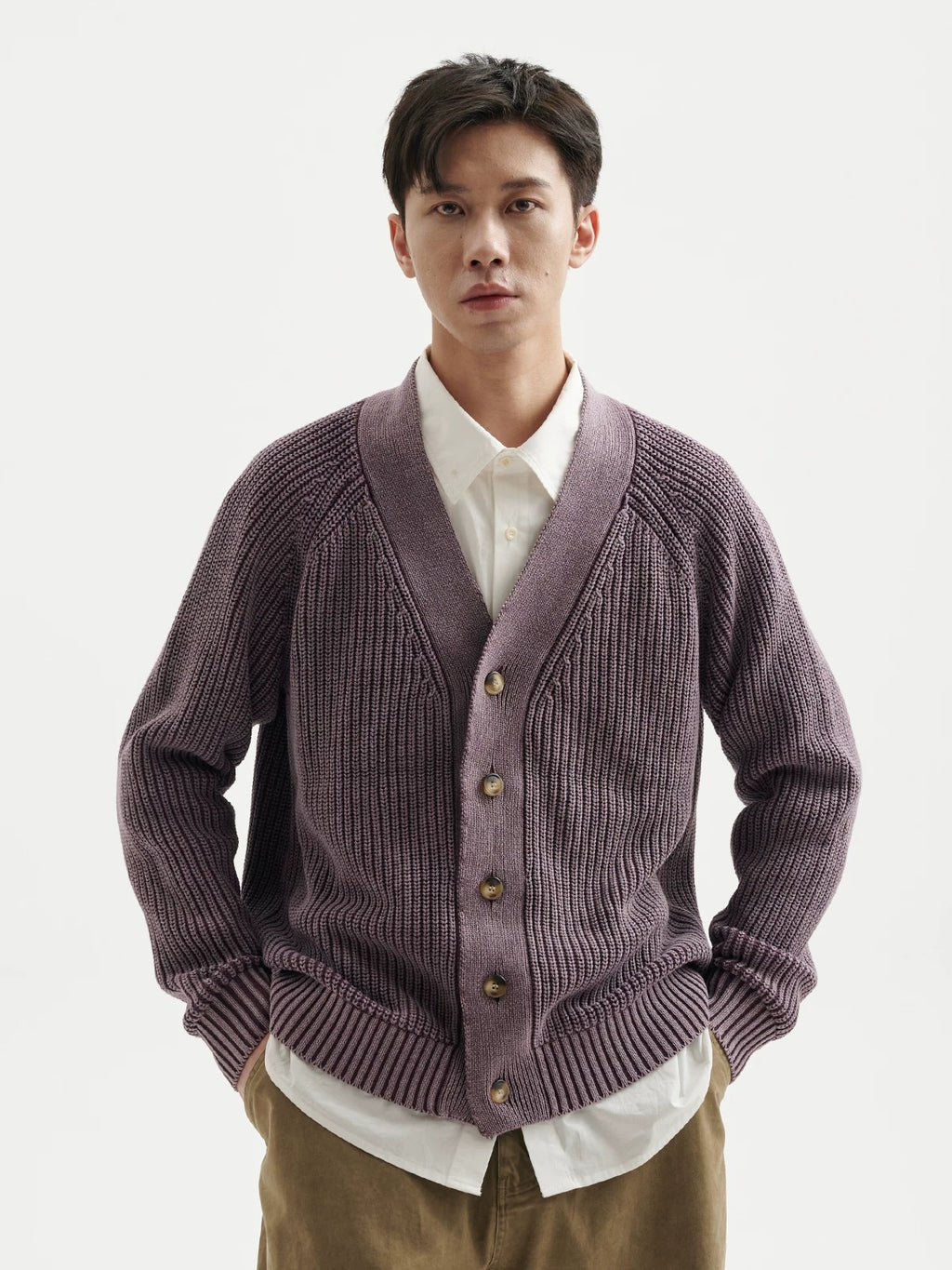 BUTTBILL Men's Stonewashed 32s Cotton V-Neck Cardigan Jacket091