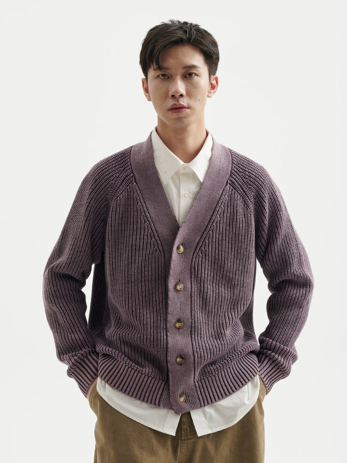 BUTTBILL Men's Stonewashed 32s Cotton V-Neck Cardigan Jacket091
