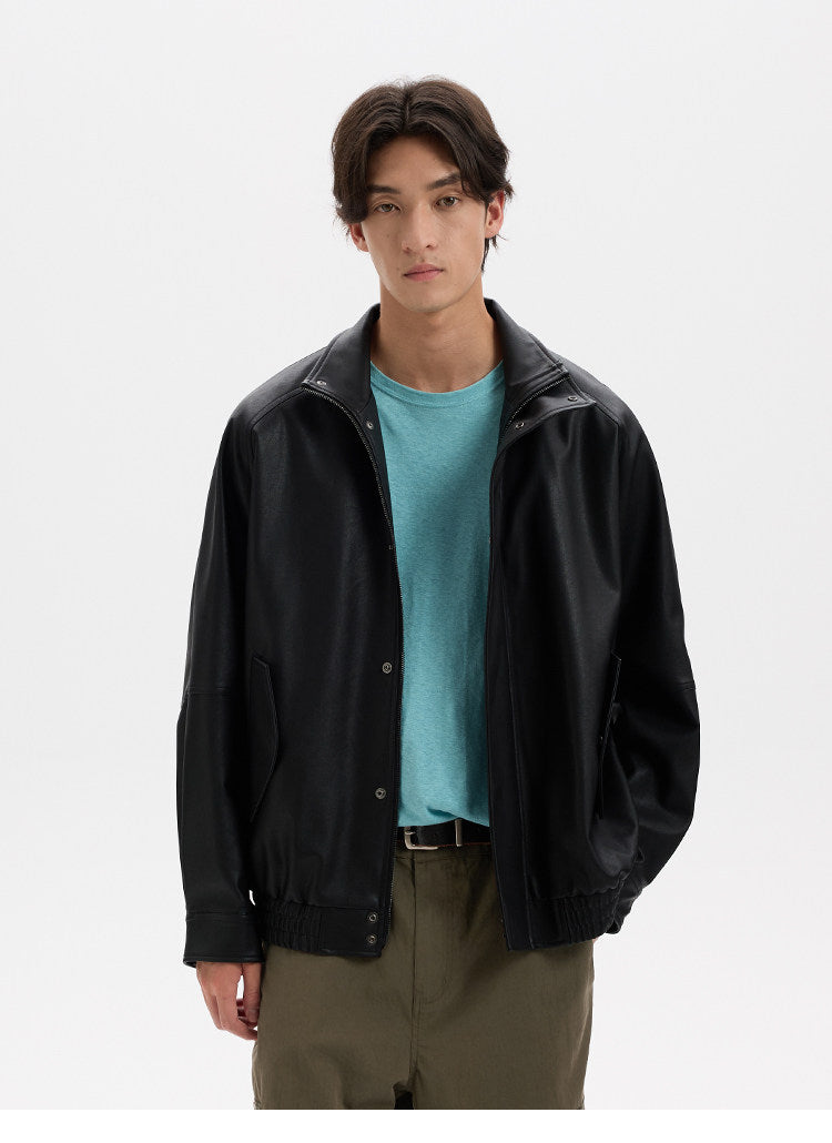 BUTTBILL Vintage Biker Textured Faux Leather Stand Collar Jacket with Two-Way Zip016