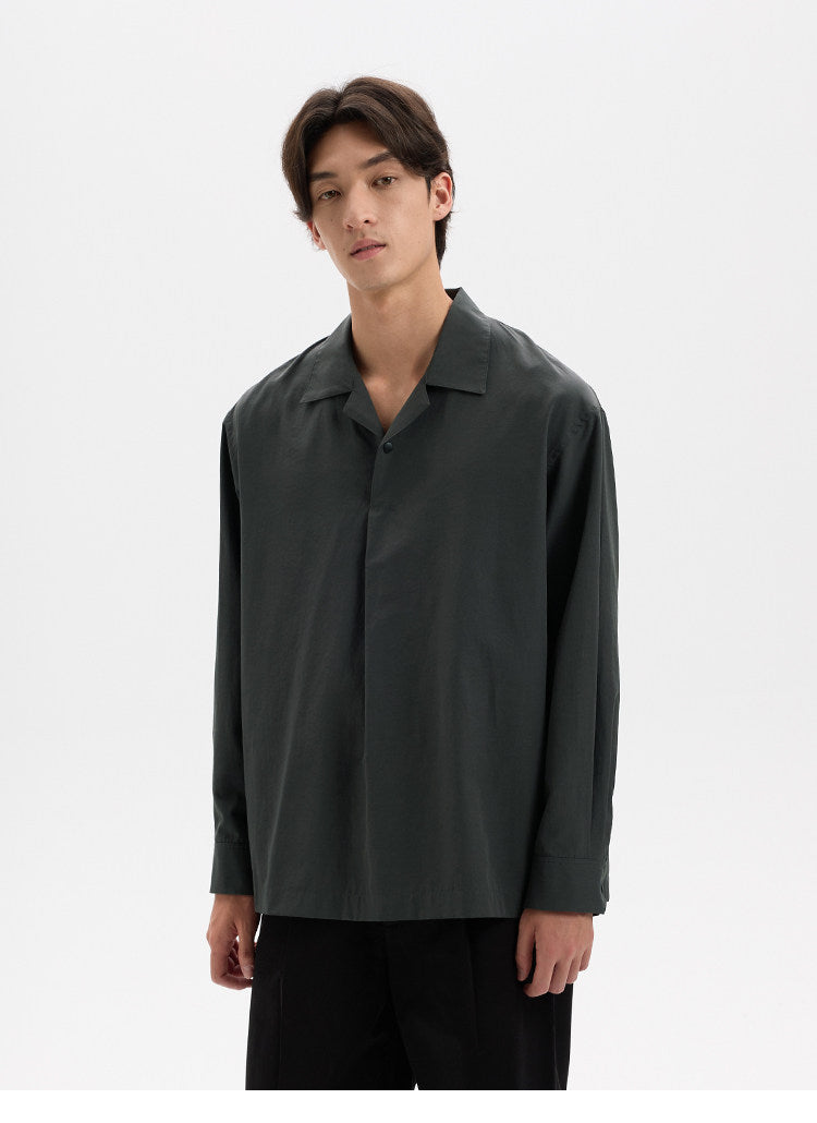 BUTTBILL Urban Minimalist Lyocell-Blend Pleated Camp Collar Snap-Front Shirt028