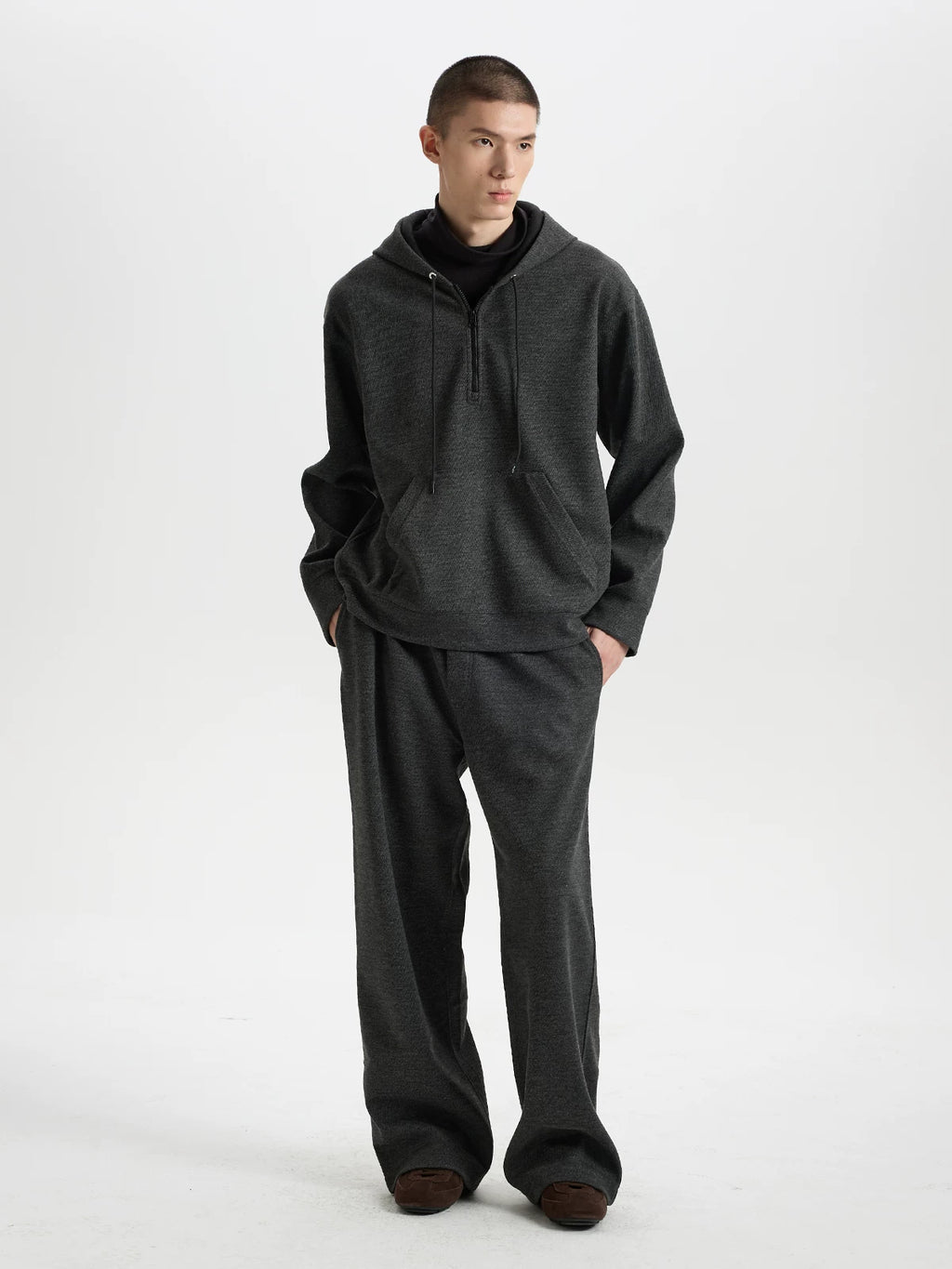 BUTTBILL Vintage Textured Twill Half-Zip Hoodie – Relaxed Fit Hooded Sweatshirt with Soft Brushed Interior#134